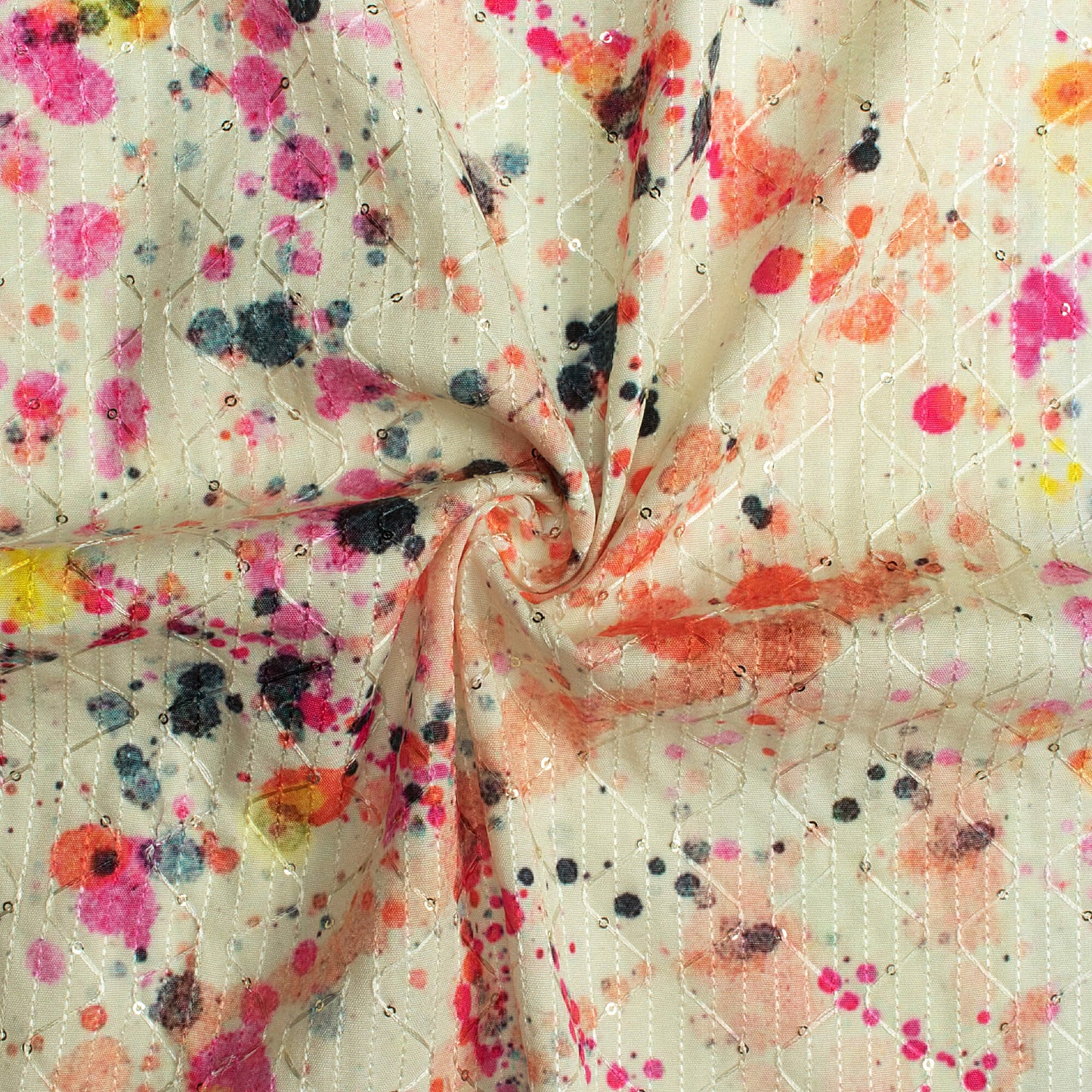 Pale Yellow And Pink Tie & Dye Pattern Sequins Embroidery Digital Print Ultra Premium Butter Crepe Fabric
