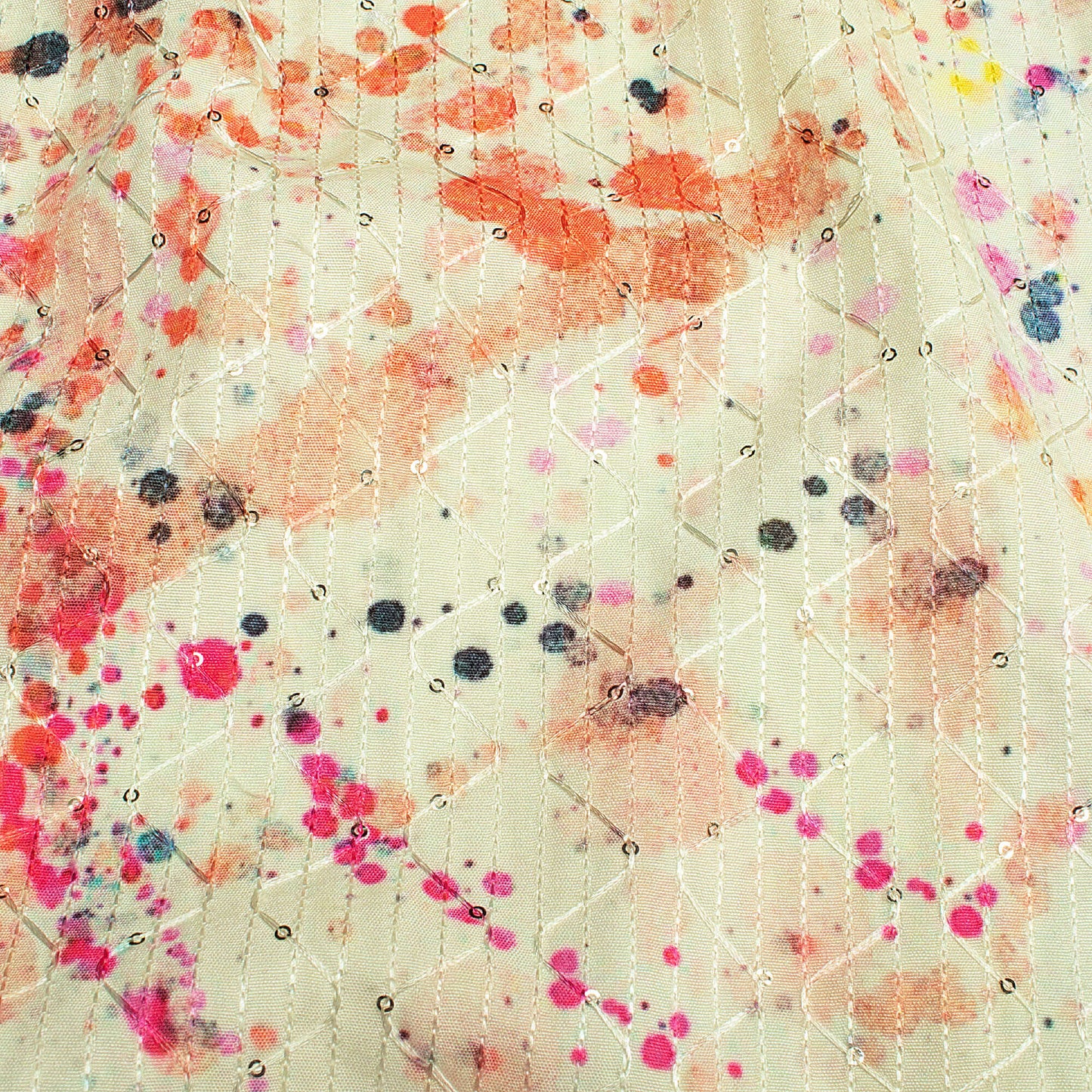 Pale Yellow And Pink Tie & Dye Pattern Sequins Embroidery Digital Print Ultra Premium Butter Crepe Fabric