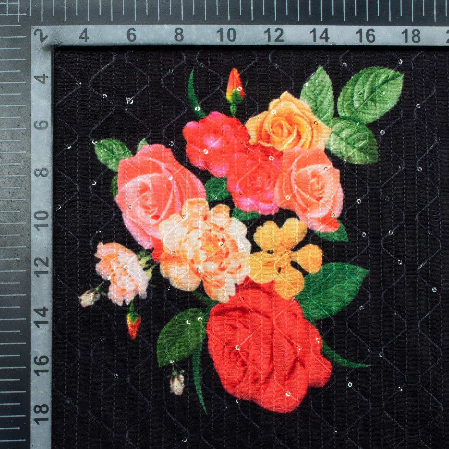 Black And Rose Red Floral Pattern Sequins Embroidery Digital Print Ultra Premium Butter Crepe Fabric