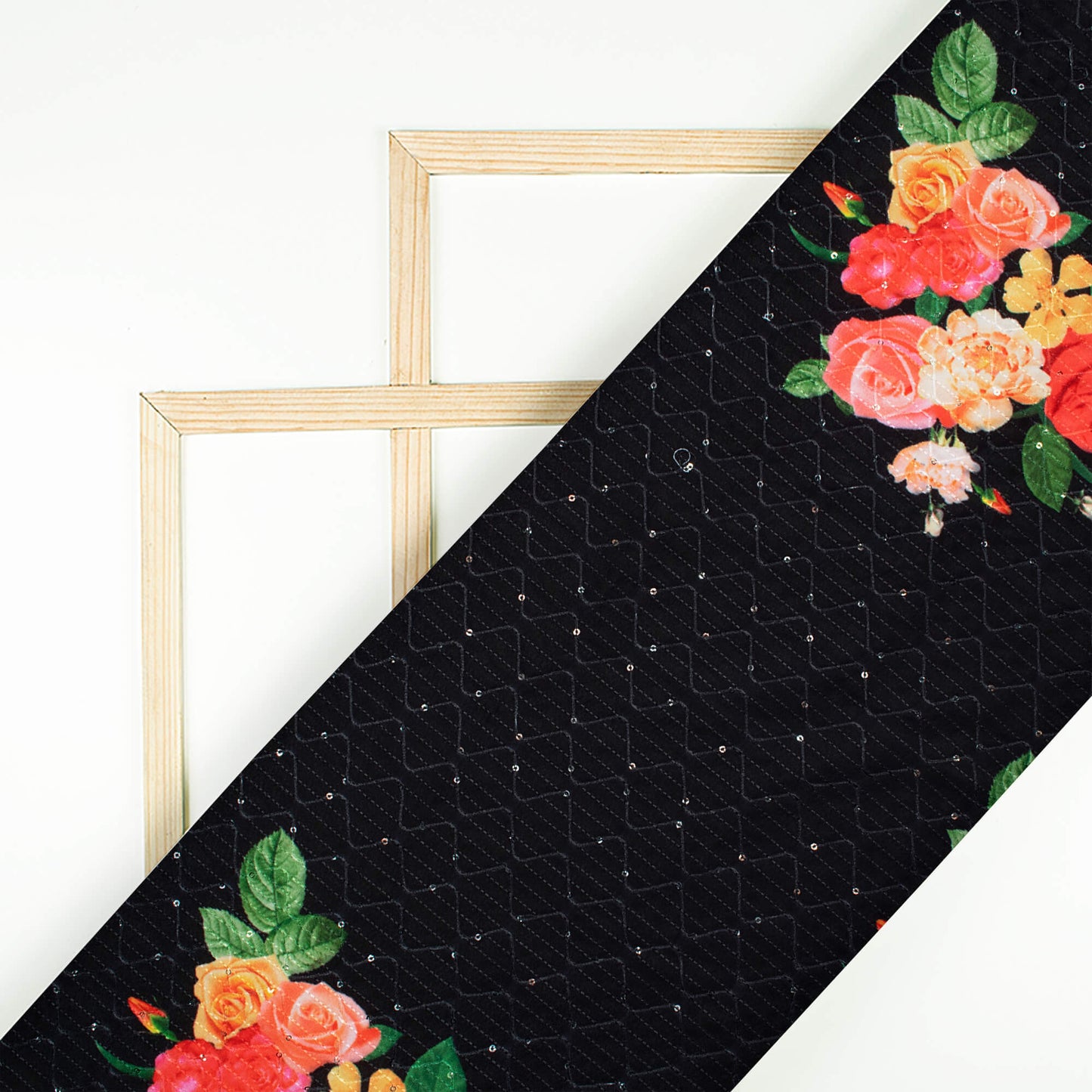 Black And Rose Red Floral Pattern Sequins Embroidery Digital Print Ultra Premium Butter Crepe Fabric