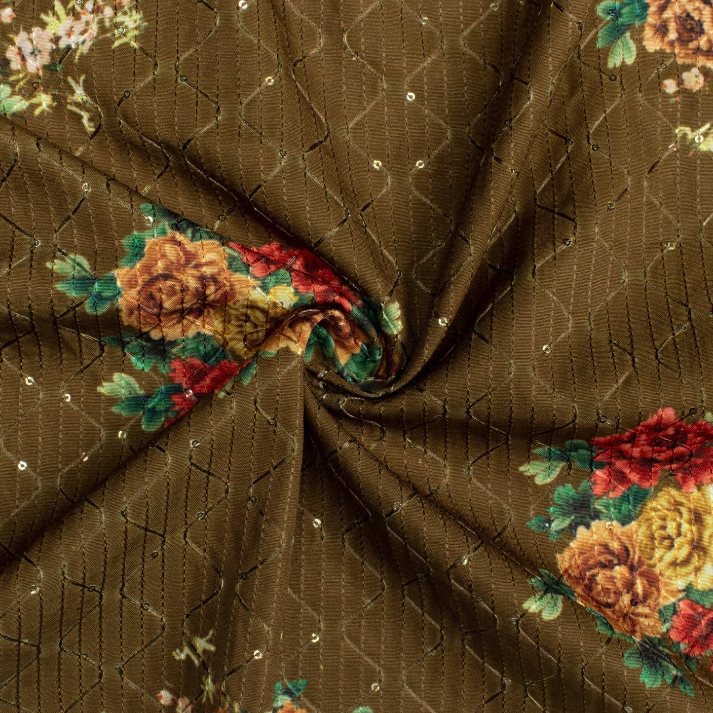 Olive Green And Red Floral Pattern Sequins Embroidery Digital Print Ultra Premium Butter Crepe Fabric