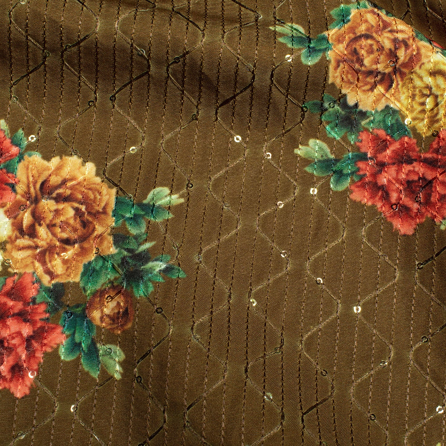 Olive Green And Red Floral Pattern Sequins Embroidery Digital Print Ultra Premium Butter Crepe Fabric
