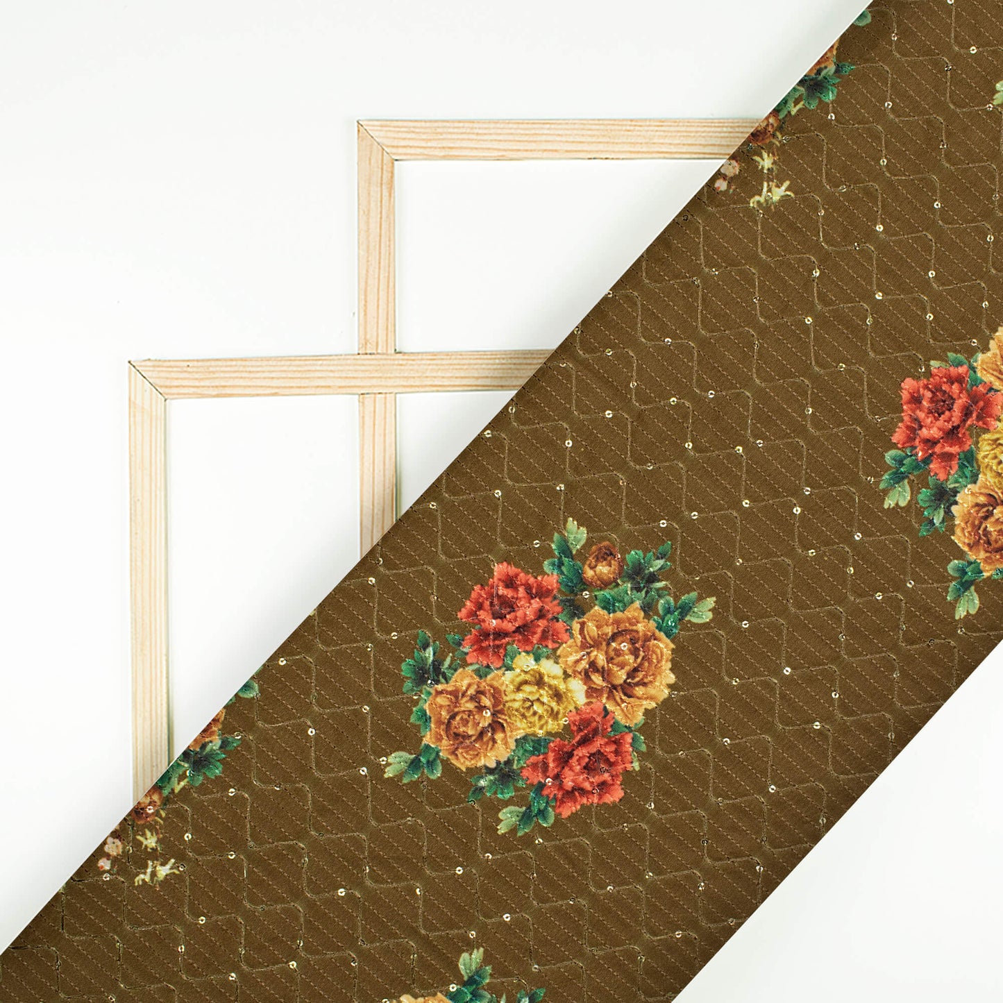 Olive Green And Red Floral Pattern Sequins Embroidery Digital Print Ultra Premium Butter Crepe Fabric
