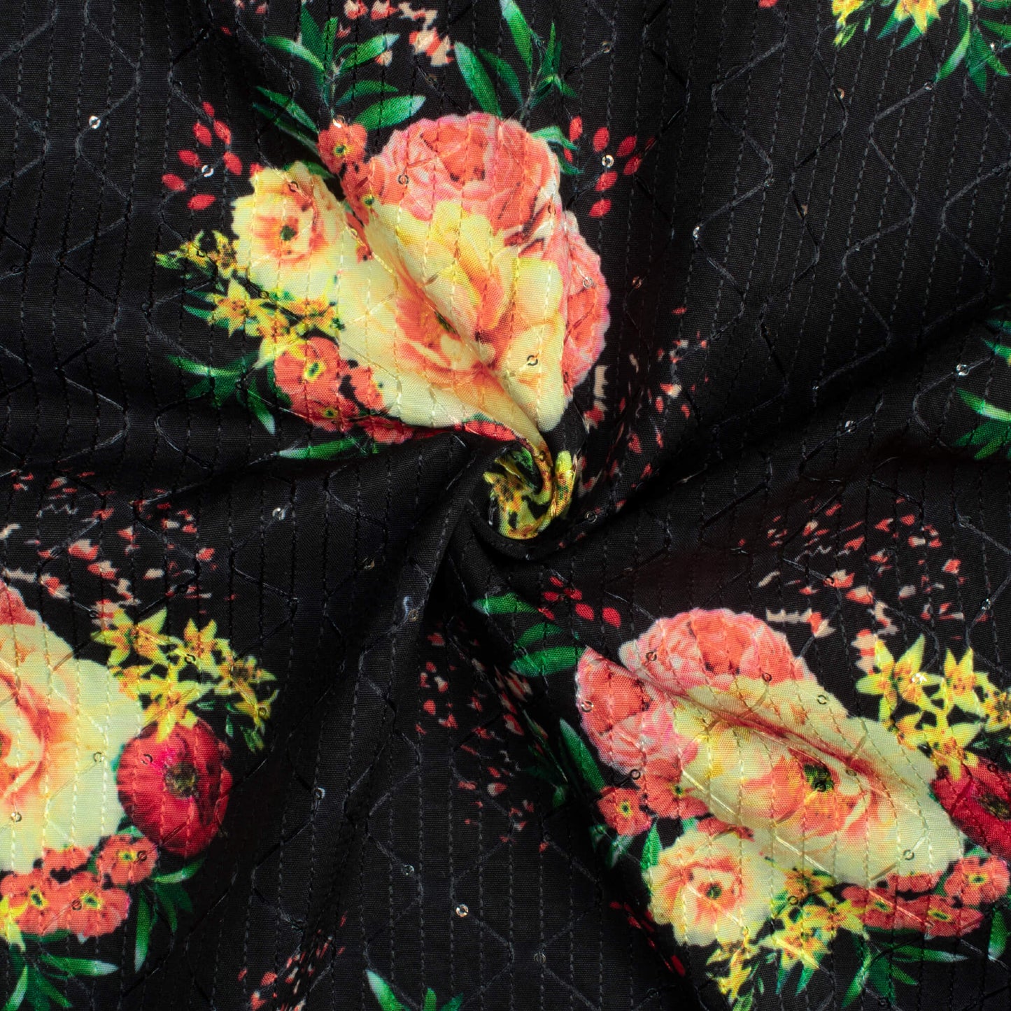 Black And Pale Yellow Floral Pattern Sequins Embroidery Digital Print Ultra Premium Butter Crepe Fabric
