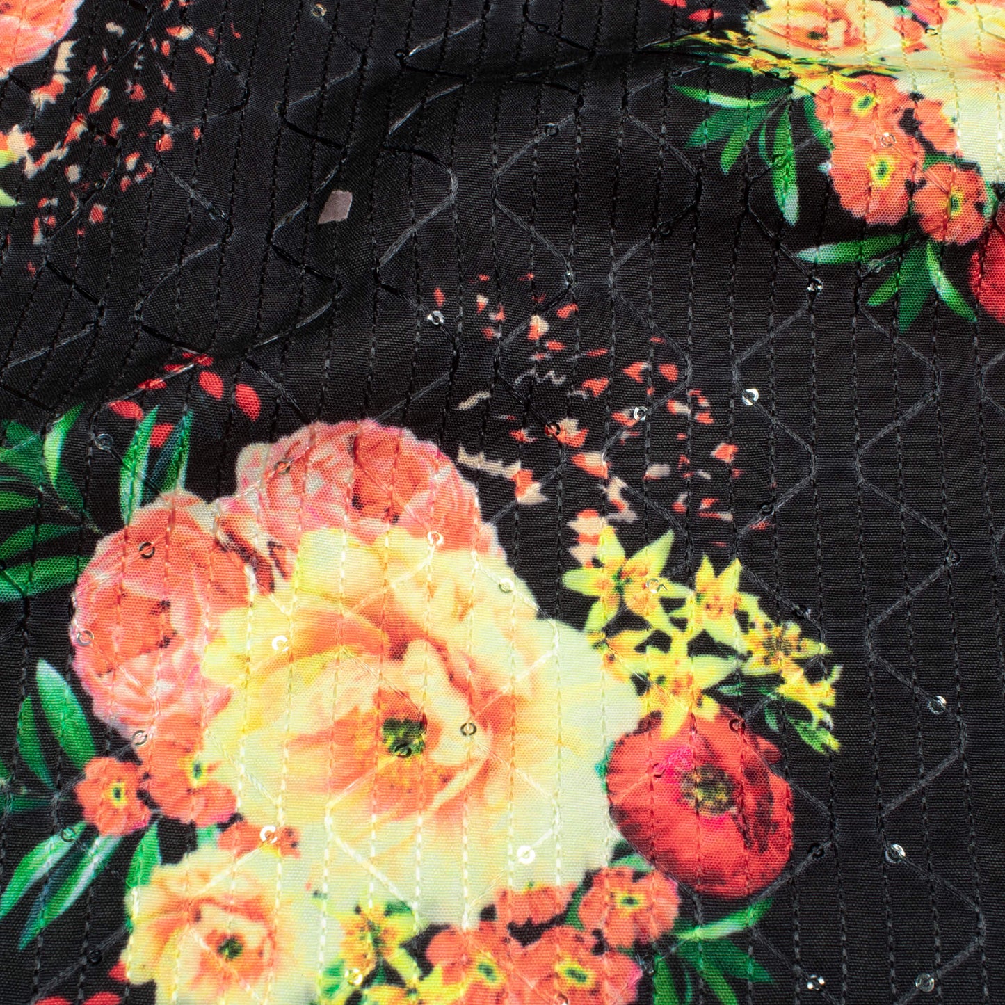 Black And Pale Yellow Floral Pattern Sequins Embroidery Digital Print Ultra Premium Butter Crepe Fabric