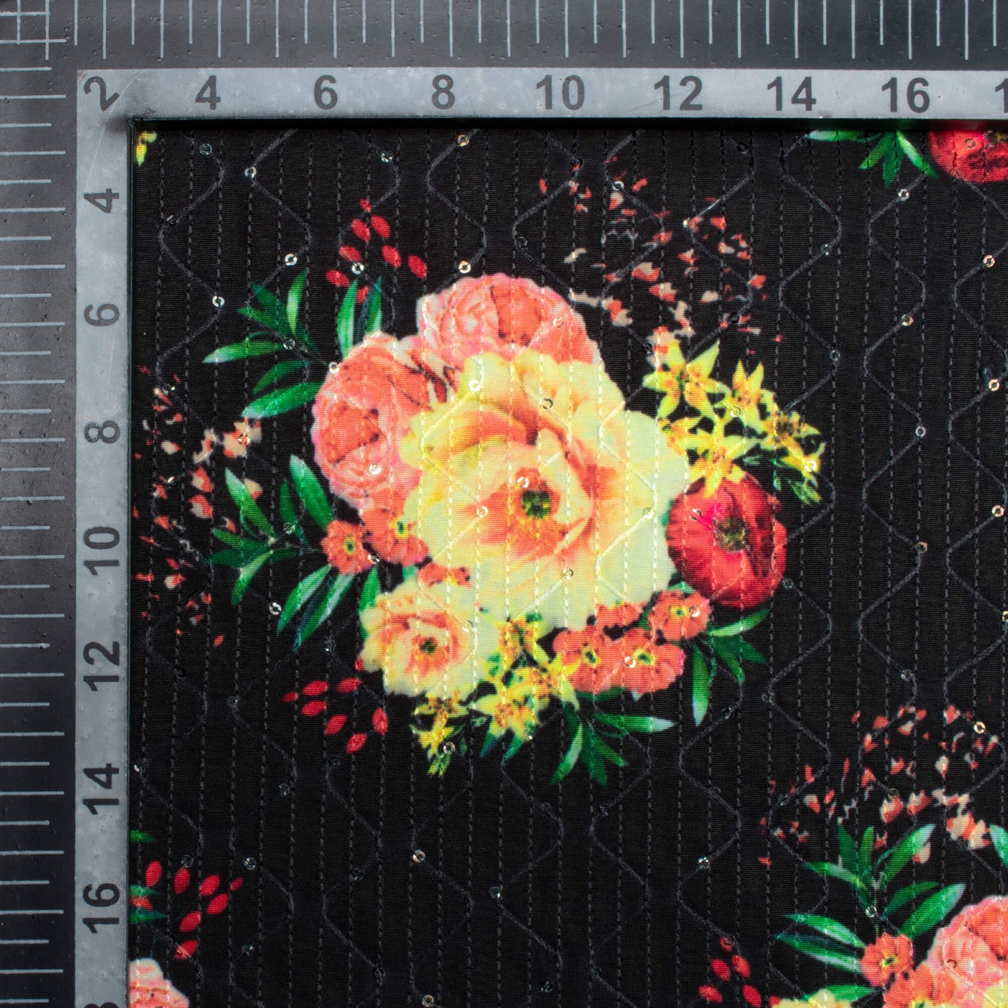 Black And Pale Yellow Floral Pattern Sequins Embroidery Digital Print Ultra Premium Butter Crepe Fabric