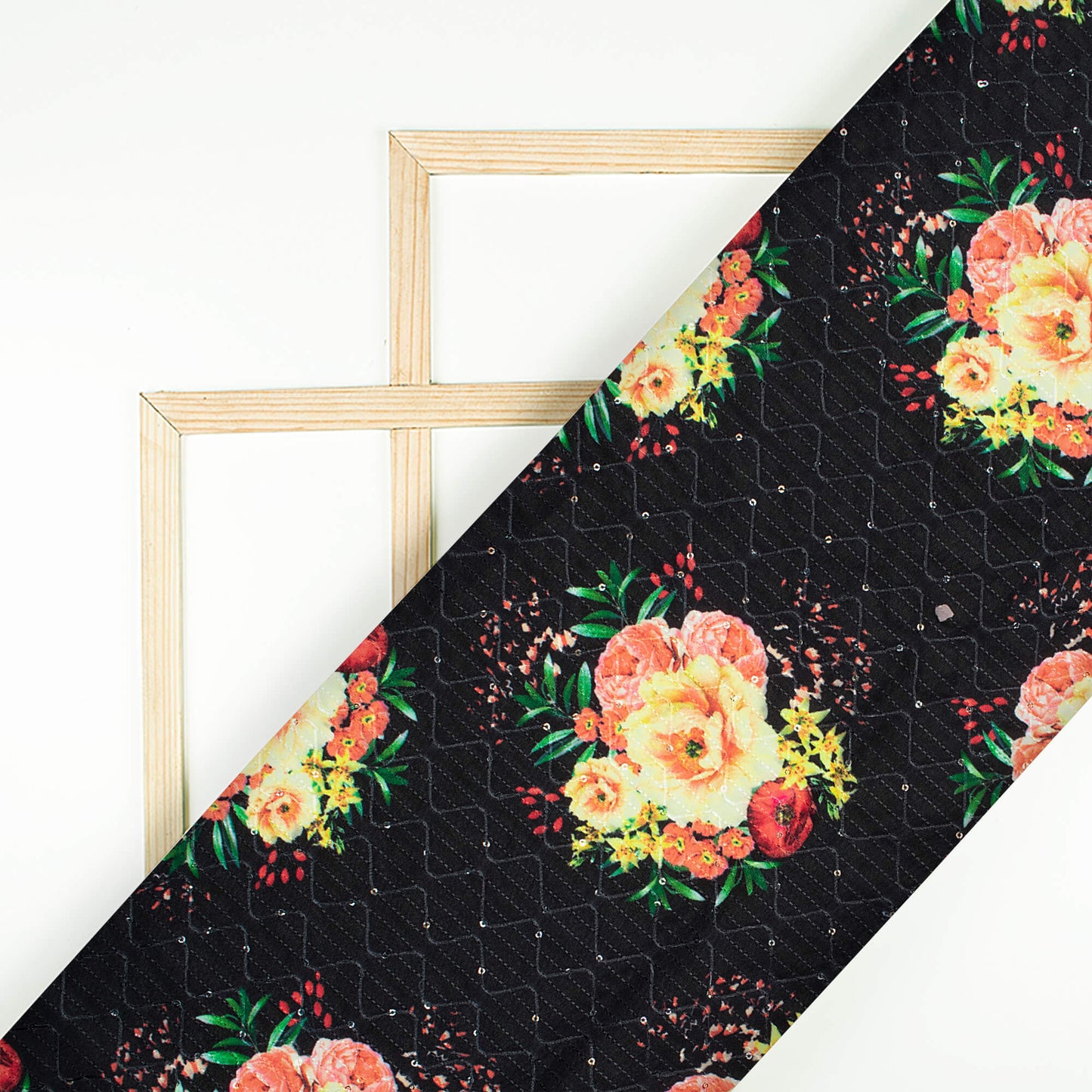 Black And Pale Yellow Floral Pattern Sequins Embroidery Digital Print Ultra Premium Butter Crepe Fabric