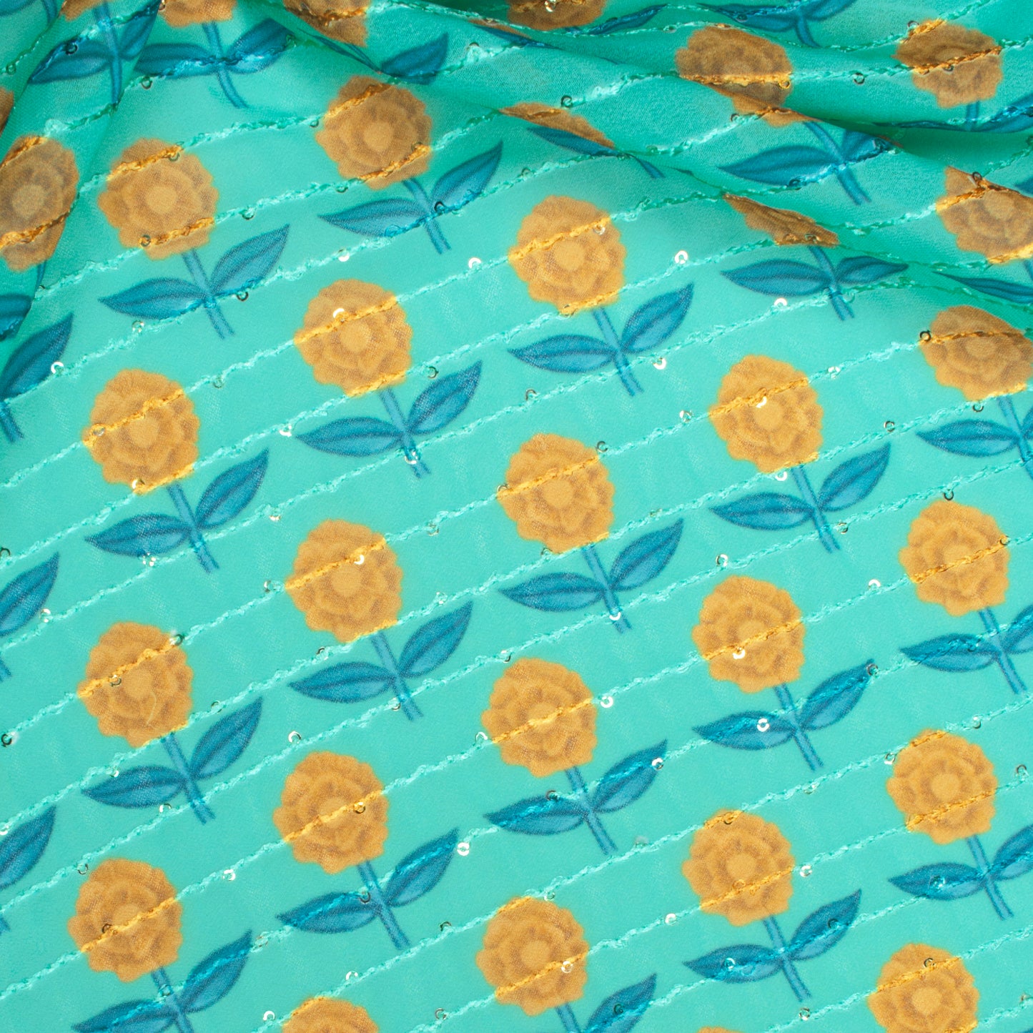 Turquoise And Yellow Floral Pattern Premium Sequins Digital Print Georgette Fabric