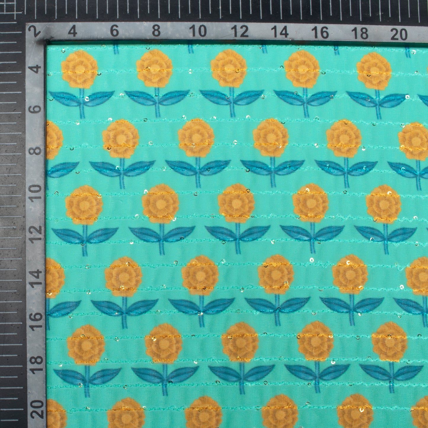 Turquoise And Yellow Floral Pattern Premium Sequins Digital Print Georgette Fabric