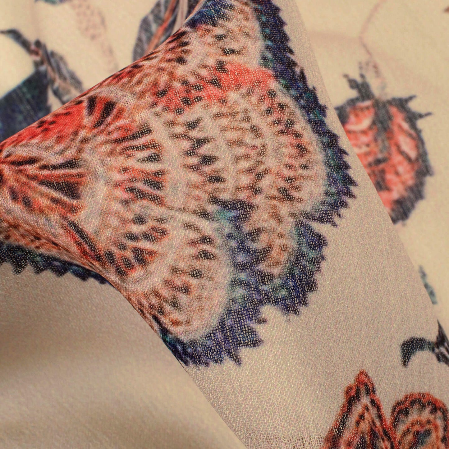 Beige And Cherry Red Floral Pattern Digital Print Chiffon Fabric