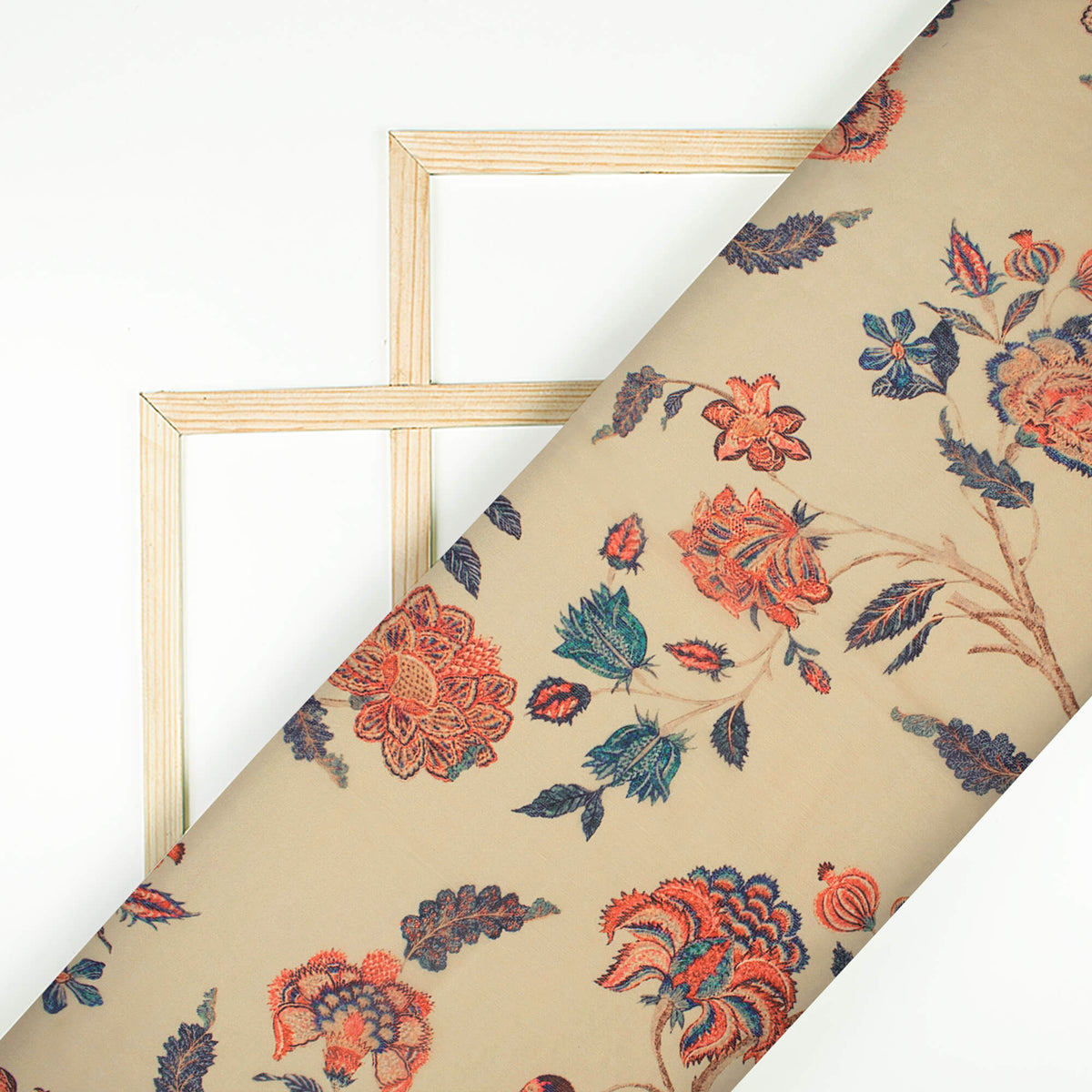 Beige And Cherry Red Floral Pattern Digital Print Chiffon Fabric