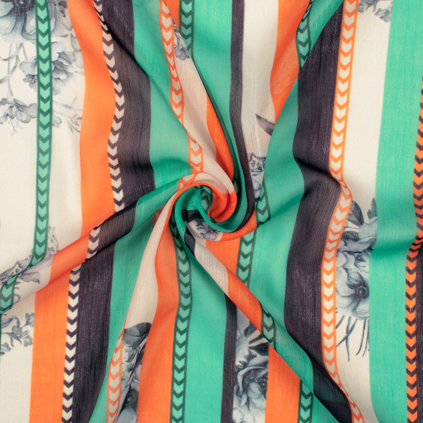 Ocean Green And Carrot Orange Stripes Pattern Digital Print Chiffon Fabric