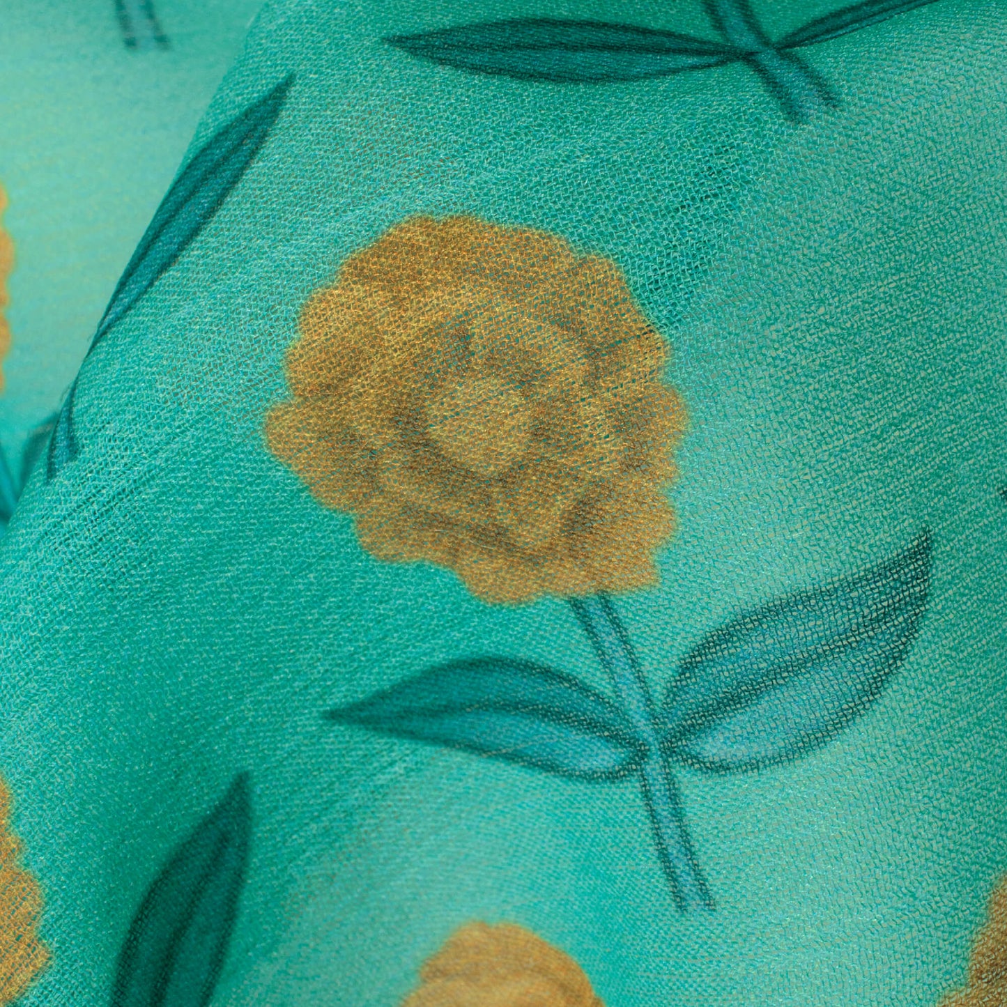 Turquoise And Yellow Floral Pattern Digital Print Chiffon Fabric