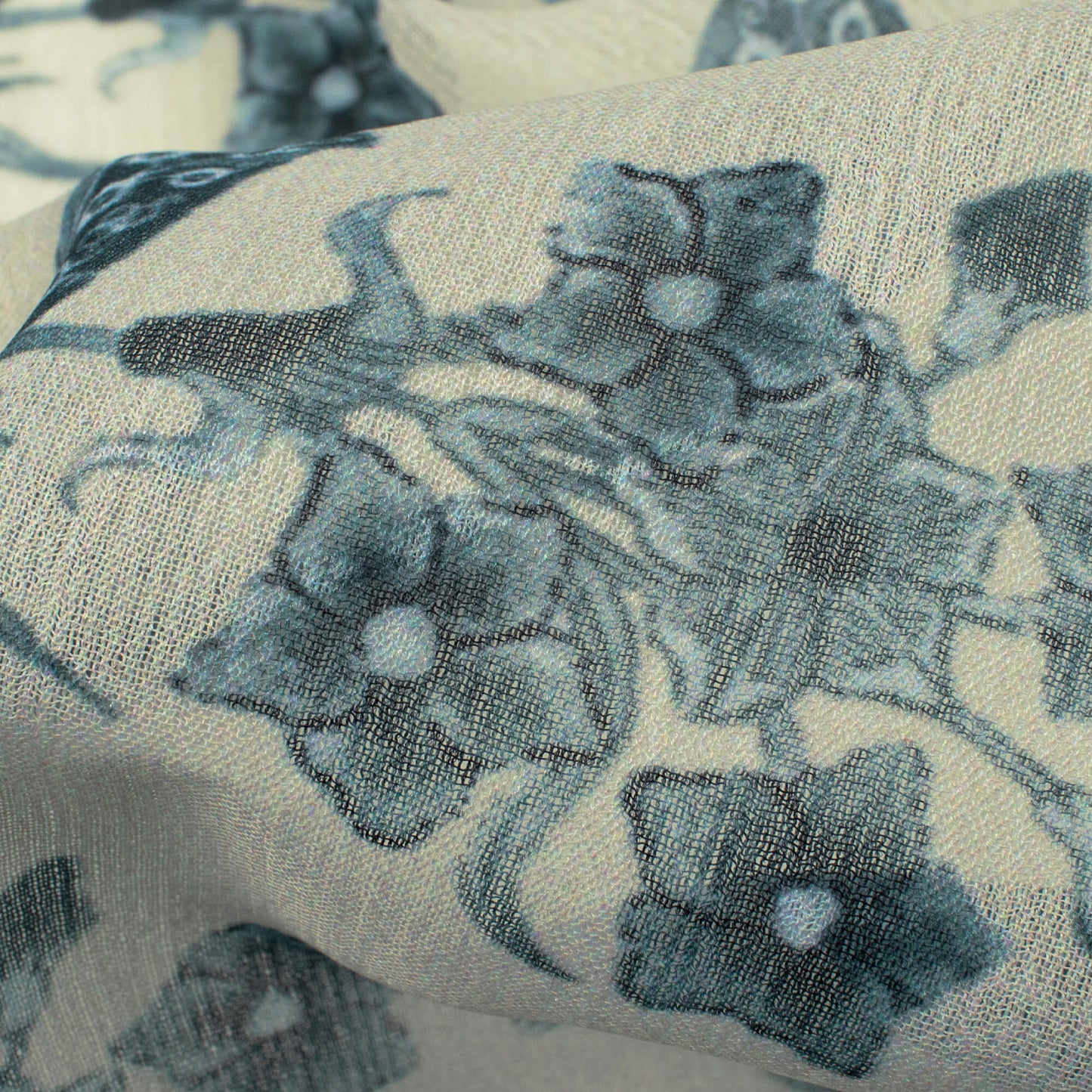 Oat Beige And Deep Green Floral Pattern Digital Print Chiffon Fabric