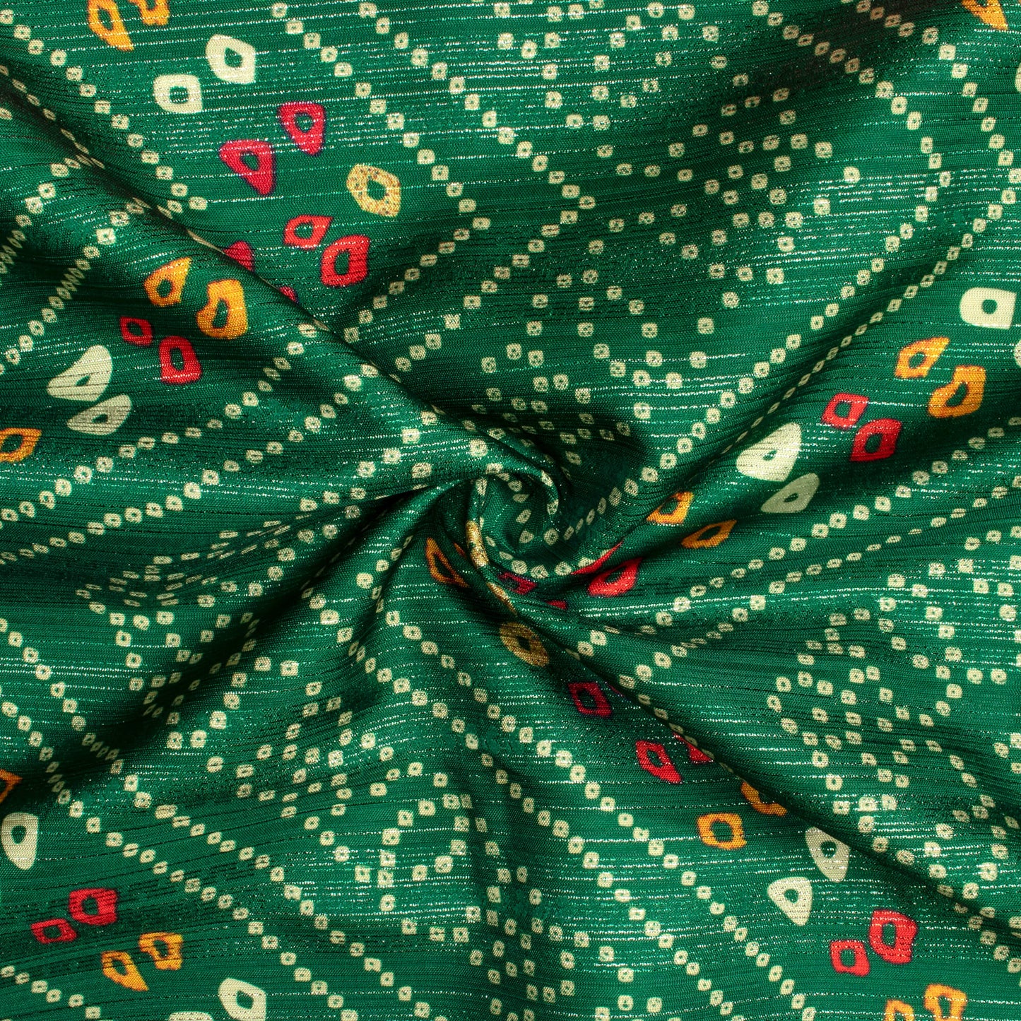 Bottle Green And Hot Pink Bandhani Pattern Digital Print Silver Lurex Jacquard Fabric (Width 54 Inches)