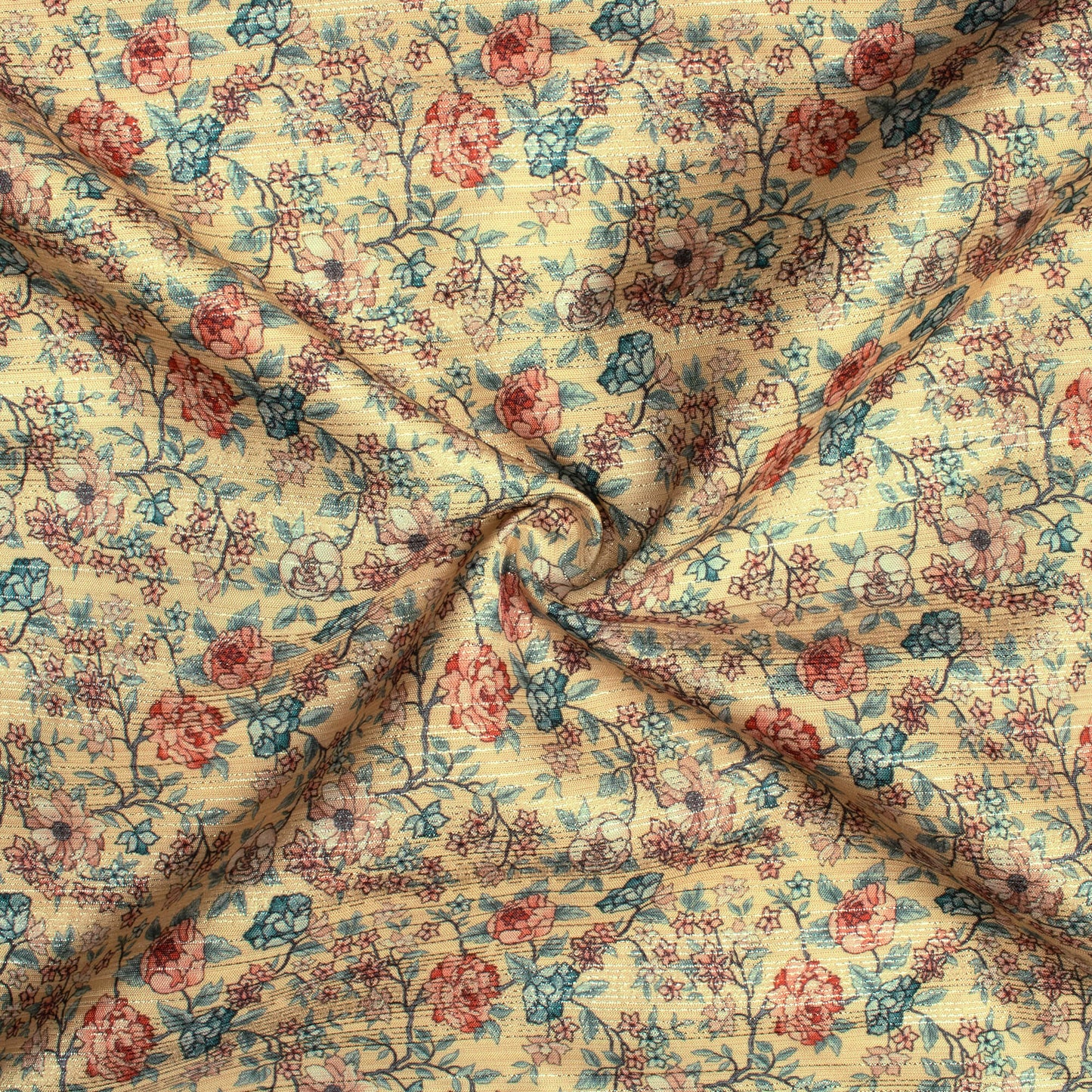 Pale Yellow And Brick Pink Floral Pattern Digital Print Silver Lurex Jacquard Fabric (Width 54 Inches)