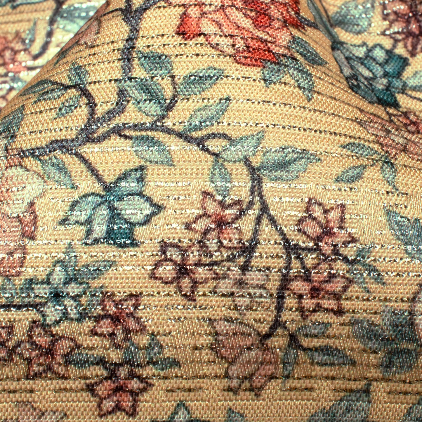 Pale Yellow And Brick Pink Floral Pattern Digital Print Silver Lurex Jacquard Fabric (Width 54 Inches)