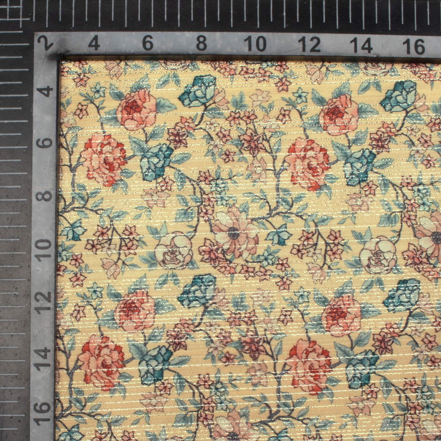 Pale Yellow And Brick Pink Floral Pattern Digital Print Silver Lurex Jacquard Fabric (Width 54 Inches)