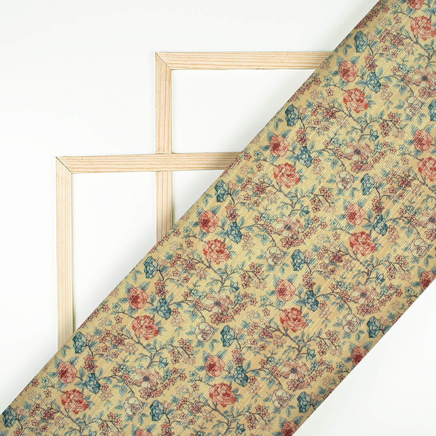Pale Yellow And Brick Pink Floral Pattern Digital Print Silver Lurex Jacquard Fabric (Width 54 Inches)