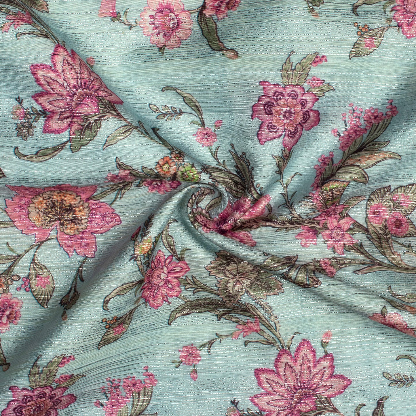Light Blue And Rose Pink Floral Pattern Digital Print Silver Lurex Jacquard Fabric (Width 54 Inches)