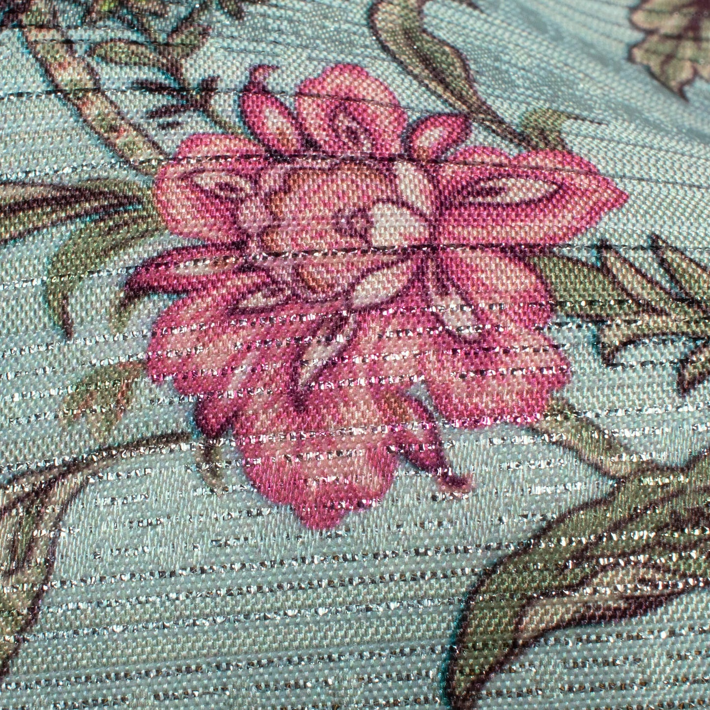 Light Blue And Rose Pink Floral Pattern Digital Print Silver Lurex Jacquard Fabric (Width 54 Inches)
