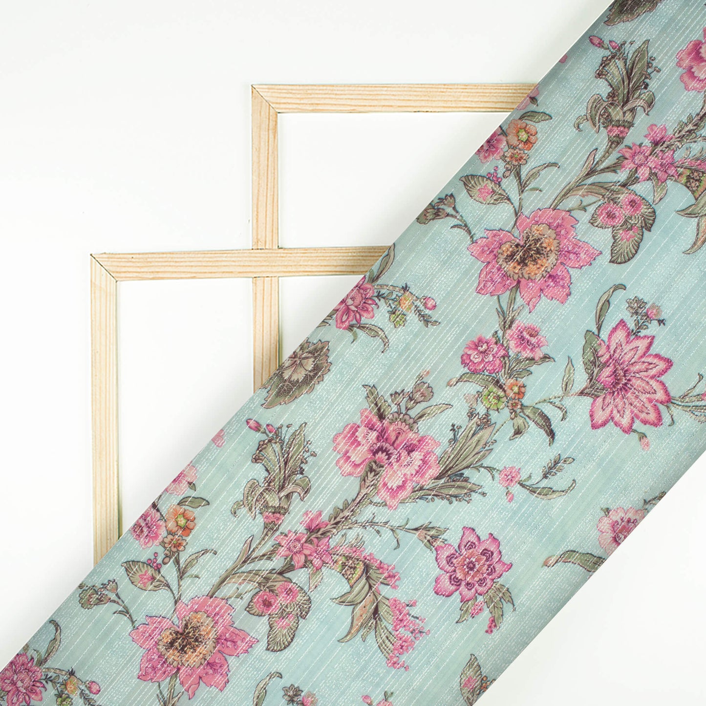 Light Blue And Rose Pink Floral Pattern Digital Print Silver Lurex Jacquard Fabric (Width 54 Inches)