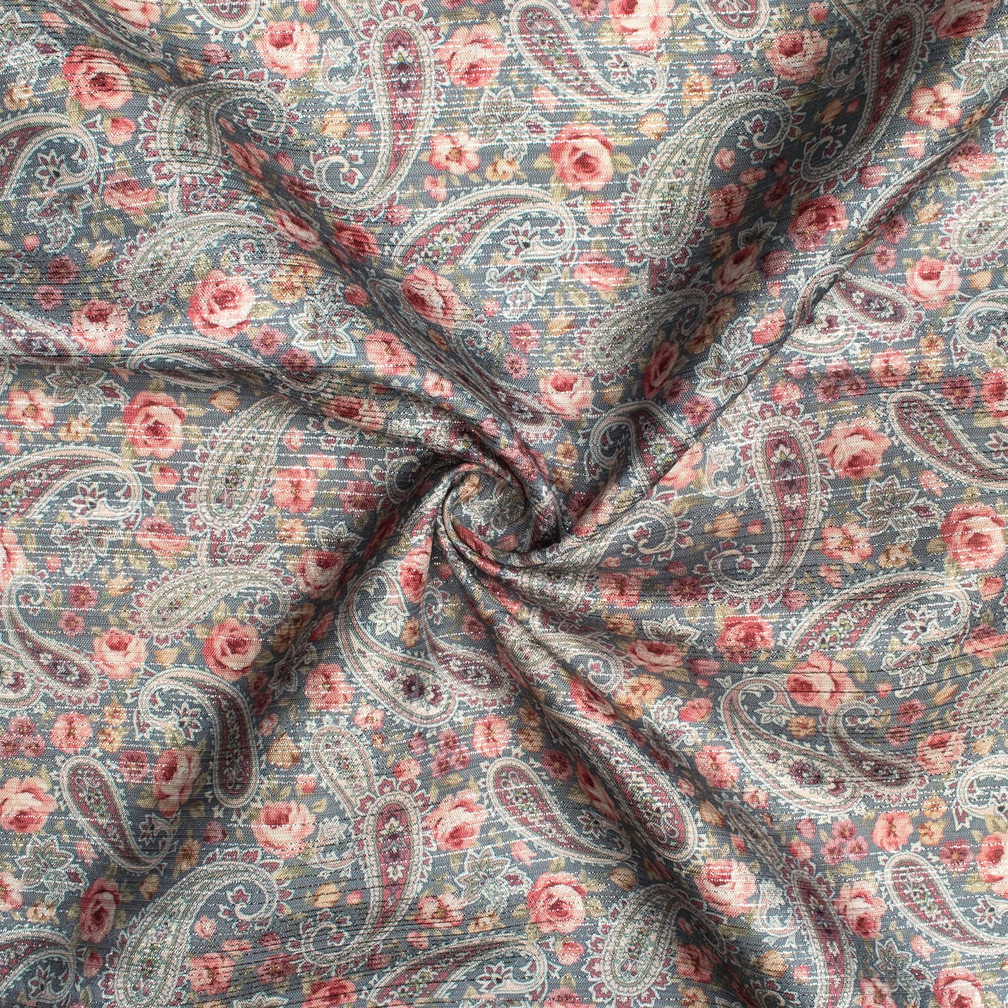 Trout Grey And Brick Pink Paisley Pattern Digital Print Silver Lurex Jacquard Fabric (Width 54 Inches)