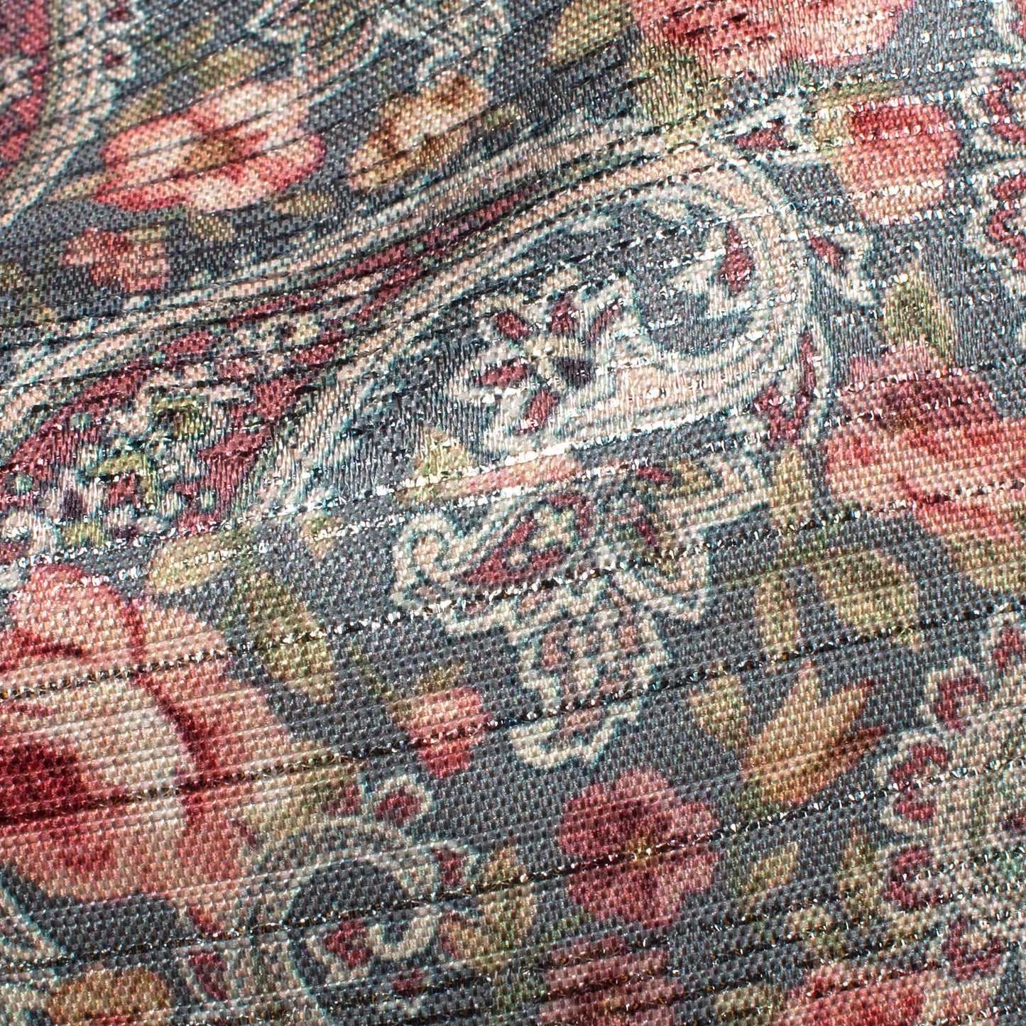 Trout Grey And Brick Pink Paisley Pattern Digital Print Silver Lurex Jacquard Fabric (Width 54 Inches)