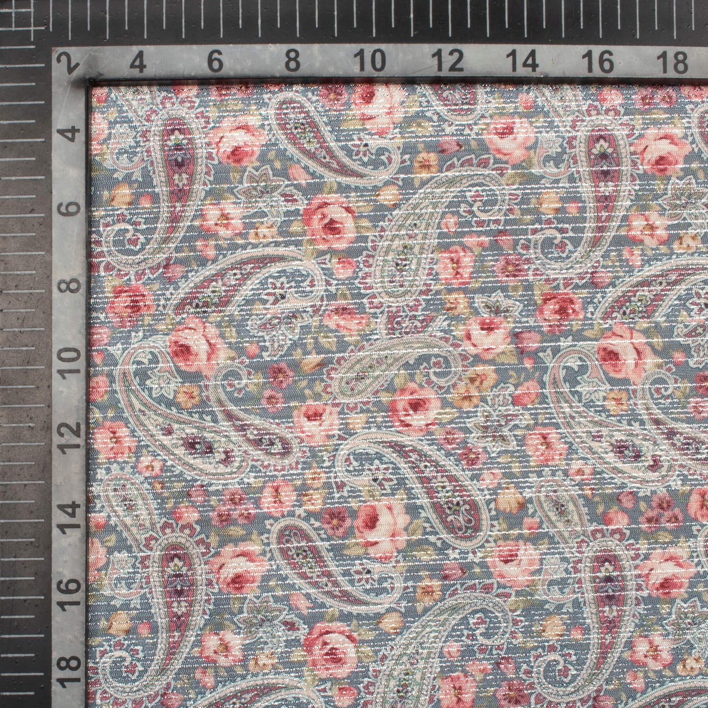 Trout Grey And Brick Pink Paisley Pattern Digital Print Silver Lurex Jacquard Fabric (Width 54 Inches)