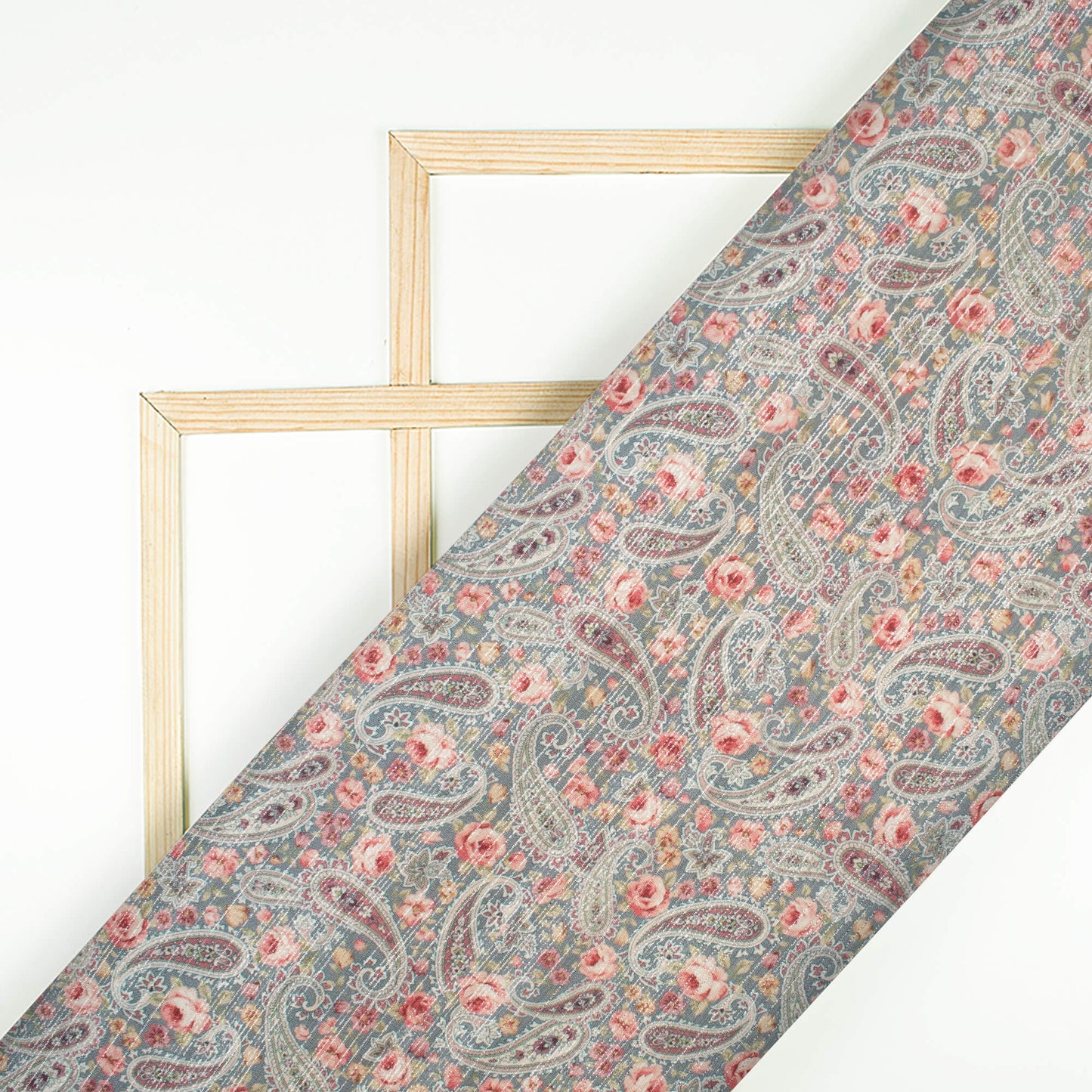 Trout Grey And Brick Pink Paisley Pattern Digital Print Silver Lurex Jacquard Fabric (Width 54 Inches)