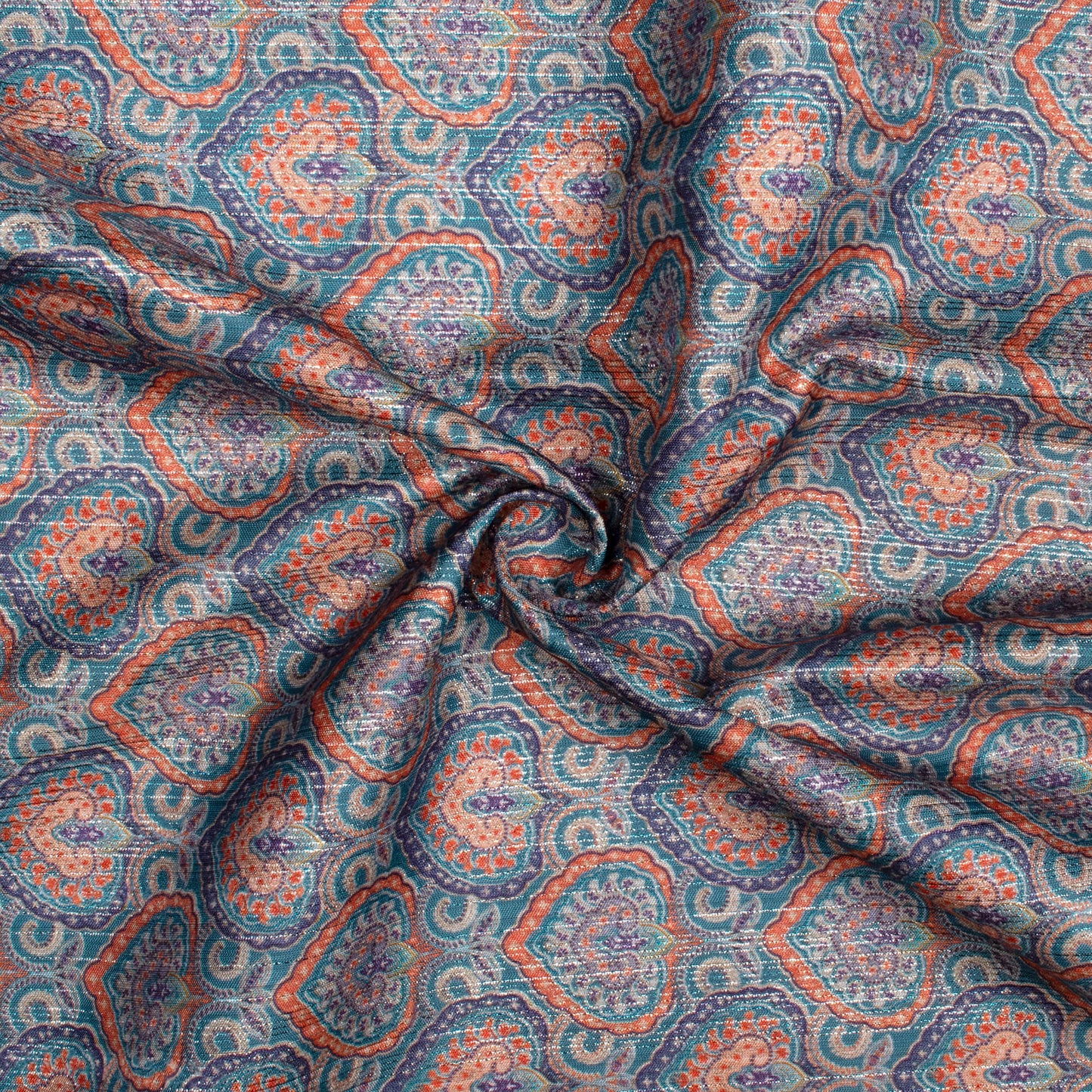 Aegean Blue And Red Ethnic Pattern Digital Print Silver Lurex Jacquard Fabric (Width 54 Inches)
