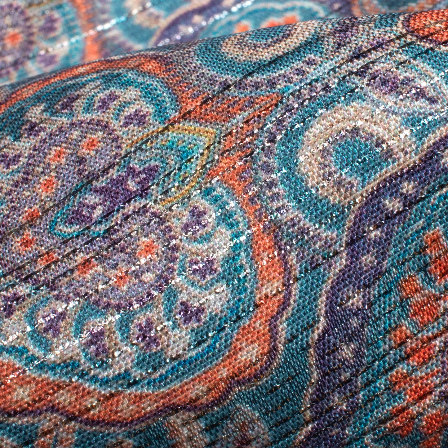 Aegean Blue And Red Ethnic Pattern Digital Print Silver Lurex Jacquard Fabric (Width 54 Inches)