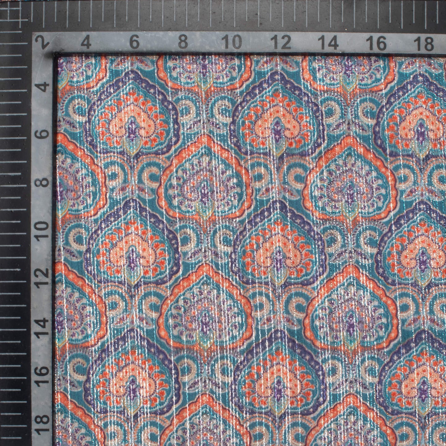Aegean Blue And Red Ethnic Pattern Digital Print Silver Lurex Jacquard Fabric (Width 54 Inches)