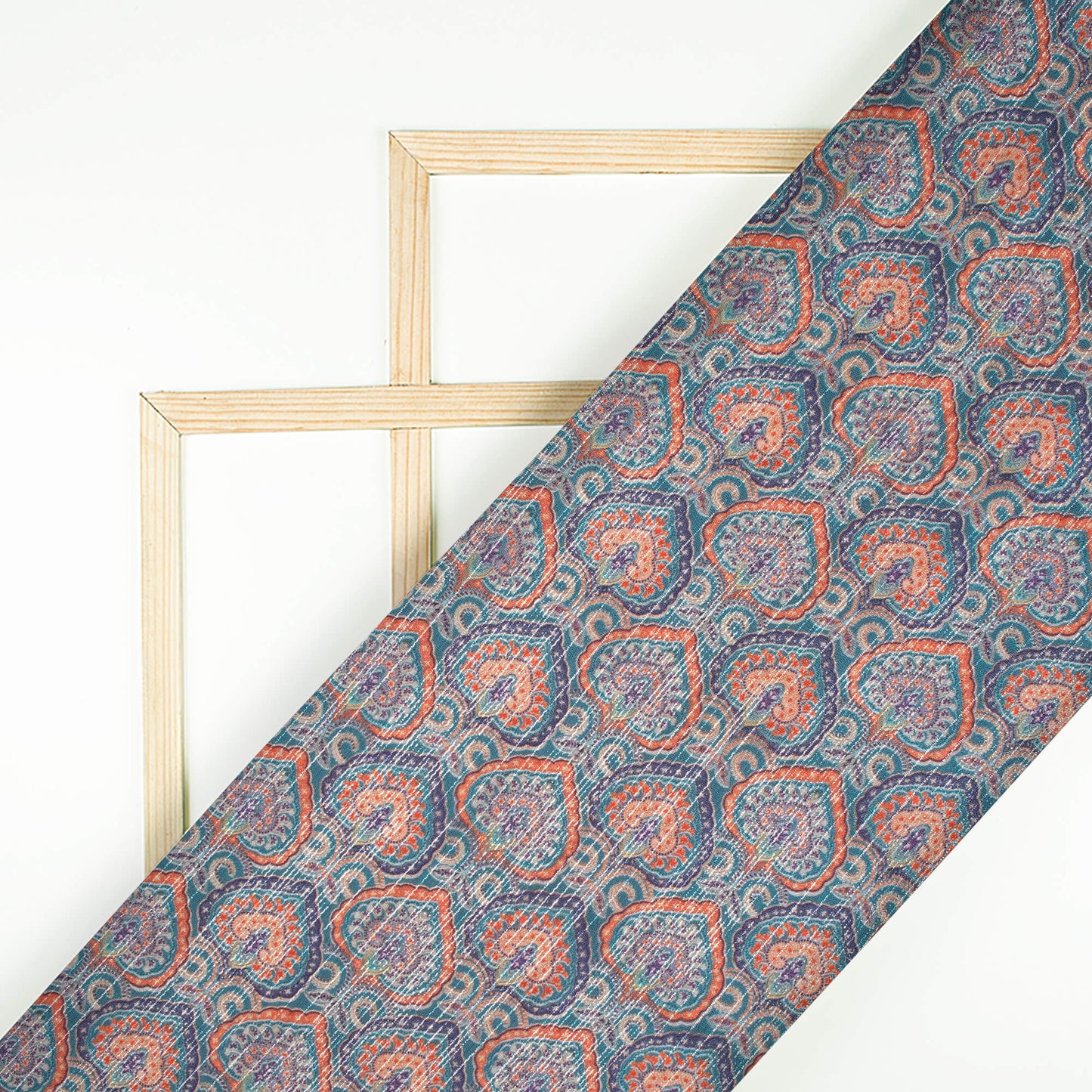 Aegean Blue And Red Ethnic Pattern Digital Print Silver Lurex Jacquard Fabric (Width 54 Inches)