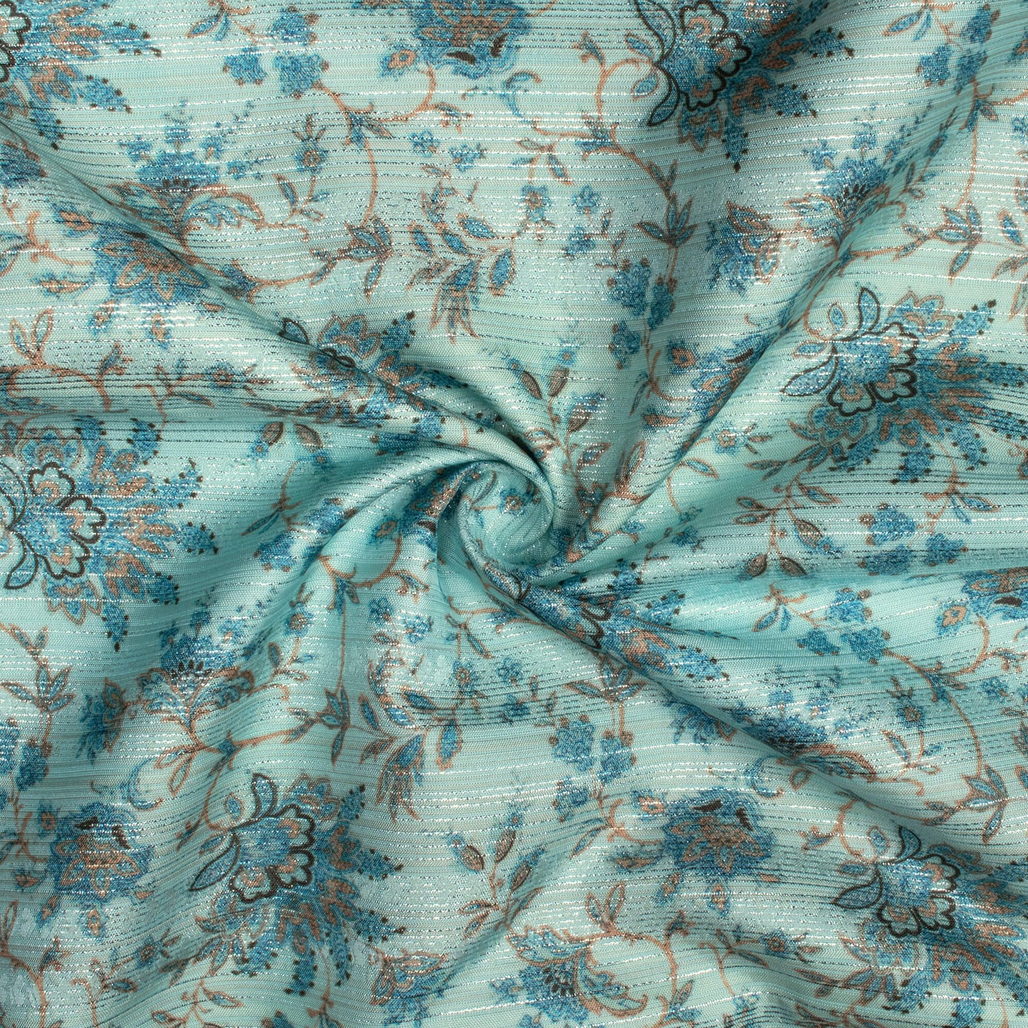 Maya Blue Floral Pattern Digital Print Silver Lurex Jacquard Fabric (Width 54 Inches)