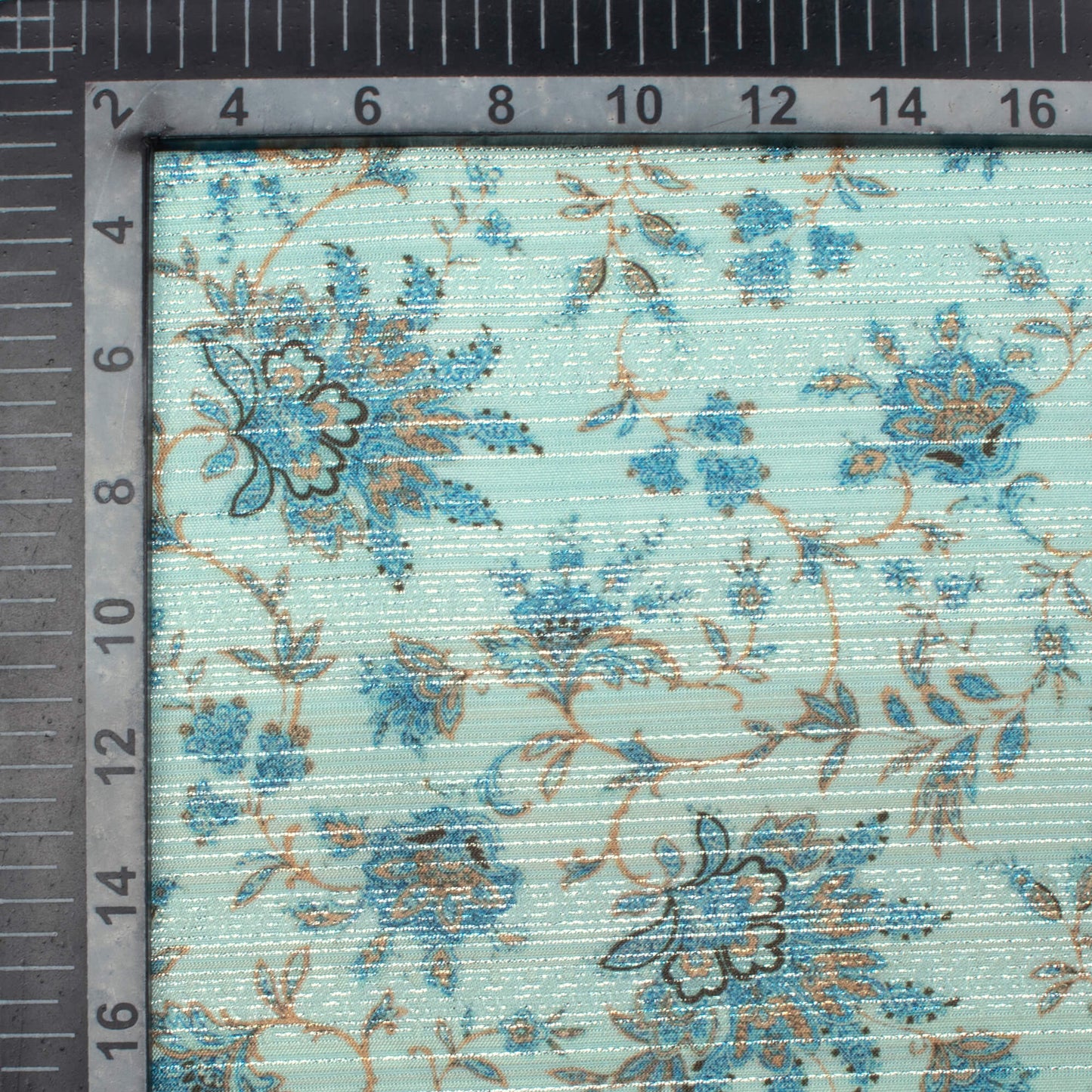 Maya Blue Floral Pattern Digital Print Silver Lurex Jacquard Fabric (Width 54 Inches)