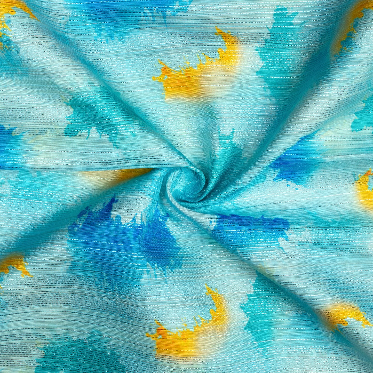 Sky Blue And Yellow Abstract Pattern Digital Print Silver Lurex Jacquard Fabric (Width 54 Inches)