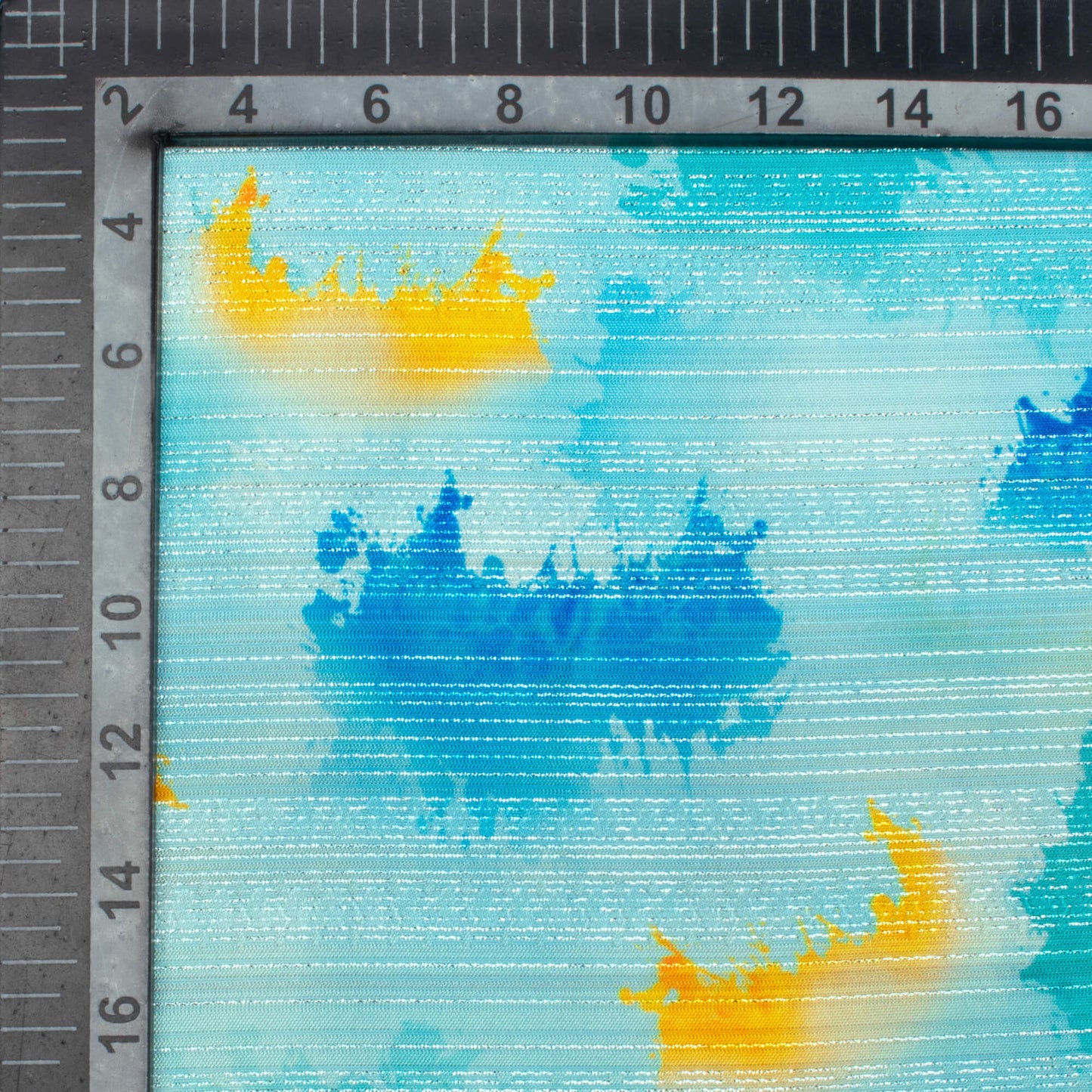 Sky Blue And Yellow Abstract Pattern Digital Print Silver Lurex Jacquard Fabric (Width 54 Inches)