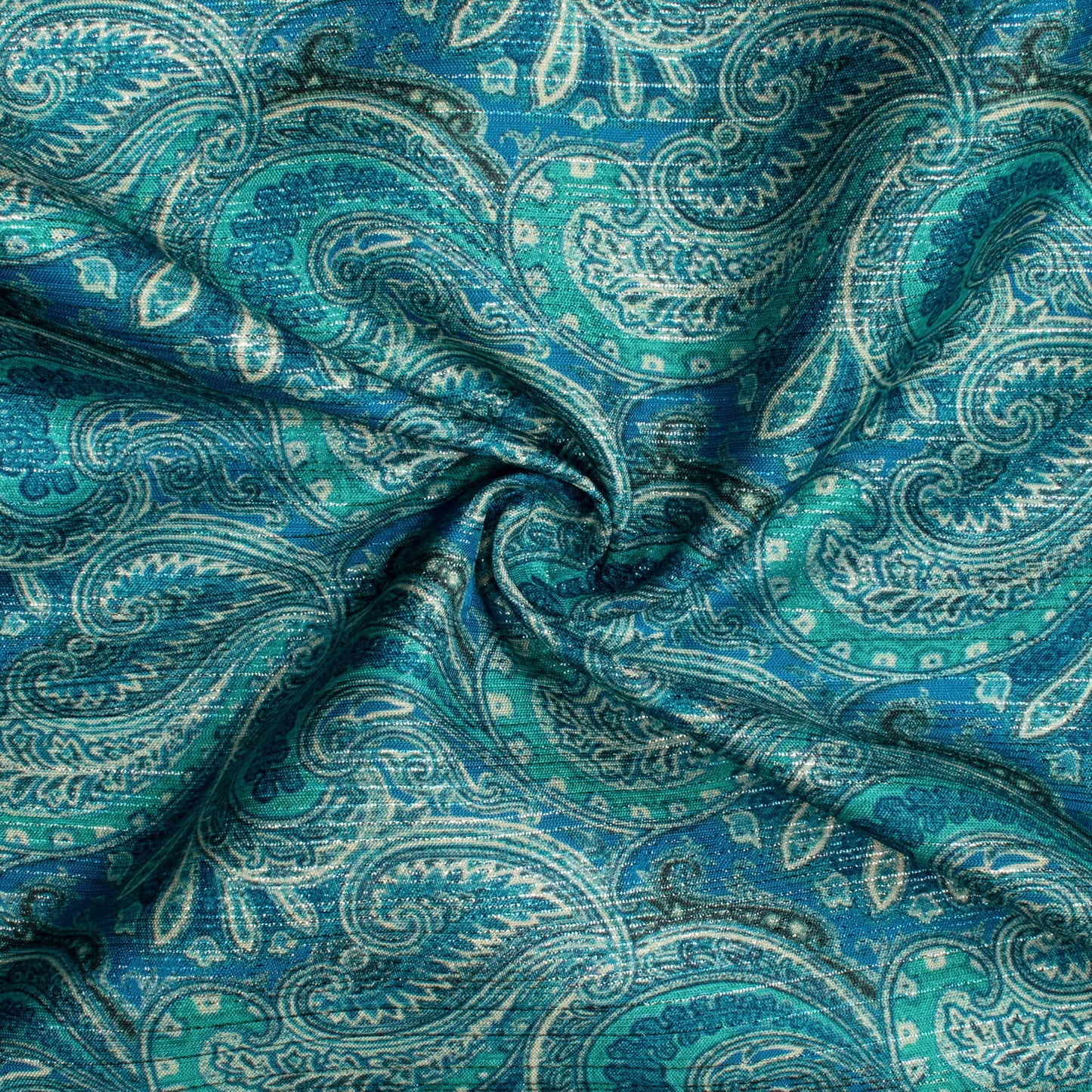 Royal Blue And Jade Green Paisley Pattern Digital Print Silver Lurex Jacquard Fabric (Width 54 Inches)