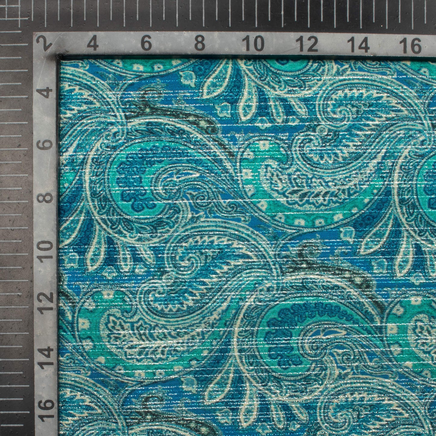 Royal Blue And Jade Green Paisley Pattern Digital Print Silver Lurex Jacquard Fabric (Width 54 Inches)