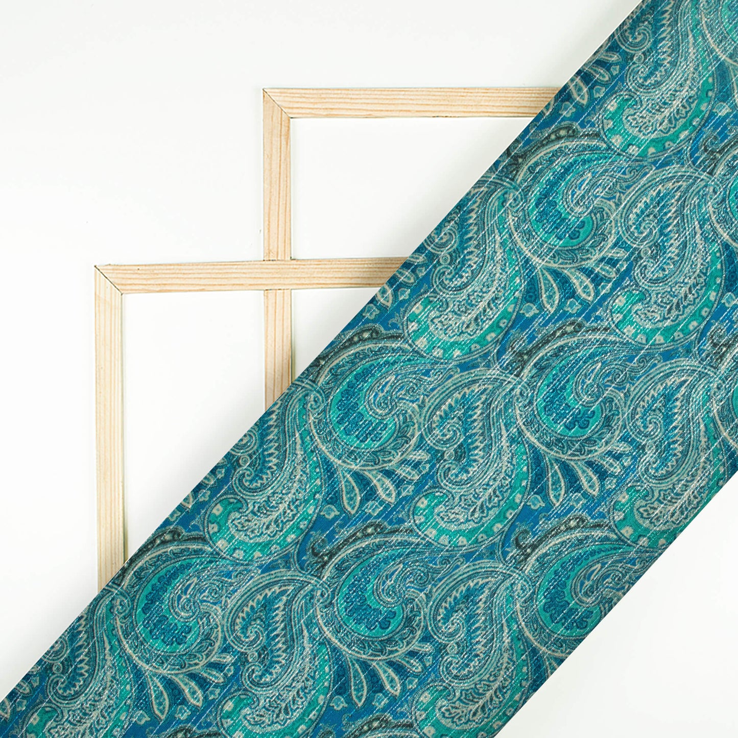 Royal Blue And Jade Green Paisley Pattern Digital Print Silver Lurex Jacquard Fabric (Width 54 Inches)