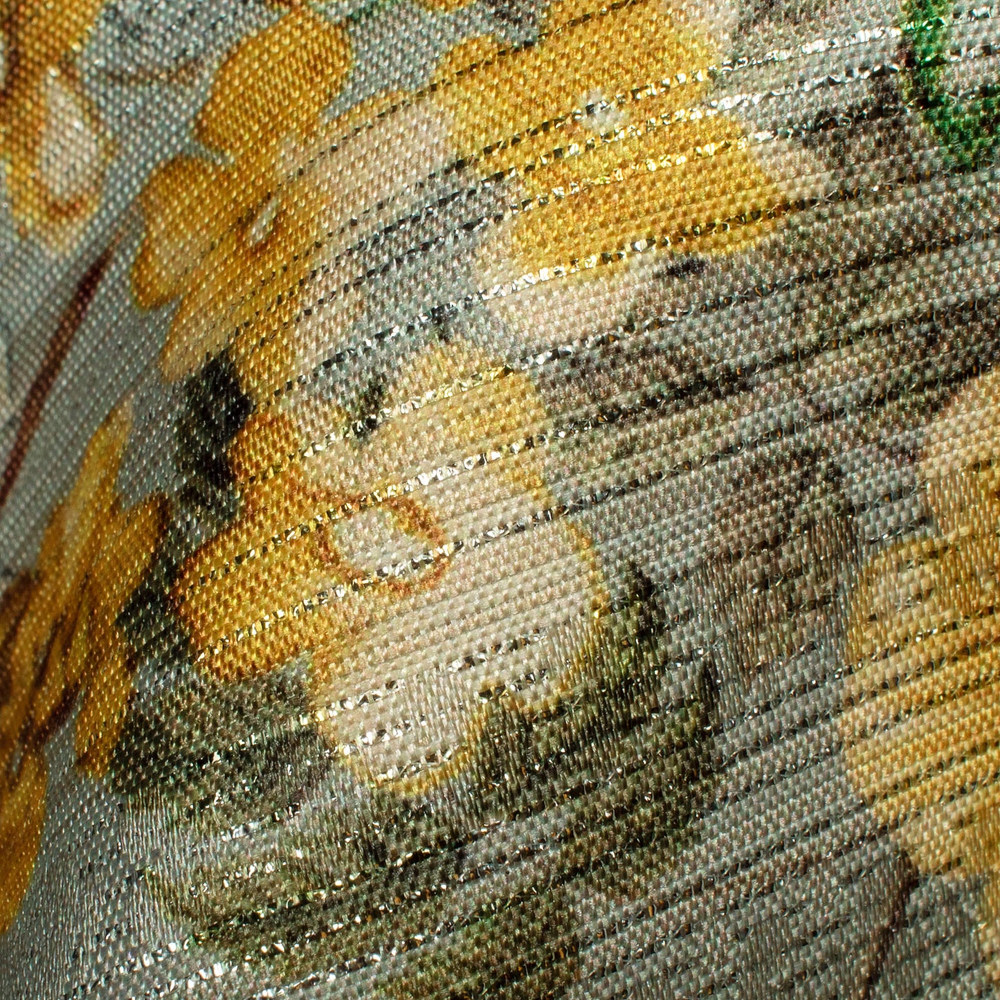Laurel Green And Laguna Yellow Floral Pattern Digital Print Silver Lurex Jacquard Fabric (Width 54 Inches)