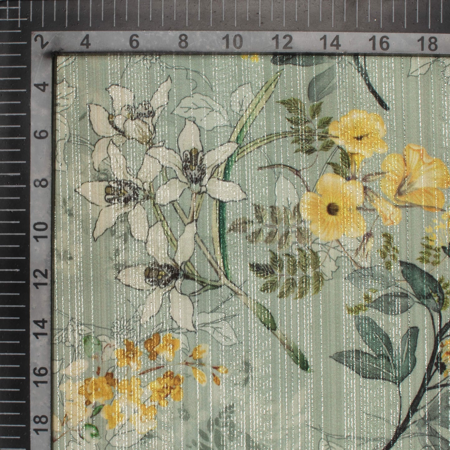 Laurel Green And Laguna Yellow Floral Pattern Digital Print Silver Lurex Jacquard Fabric (Width 54 Inches)