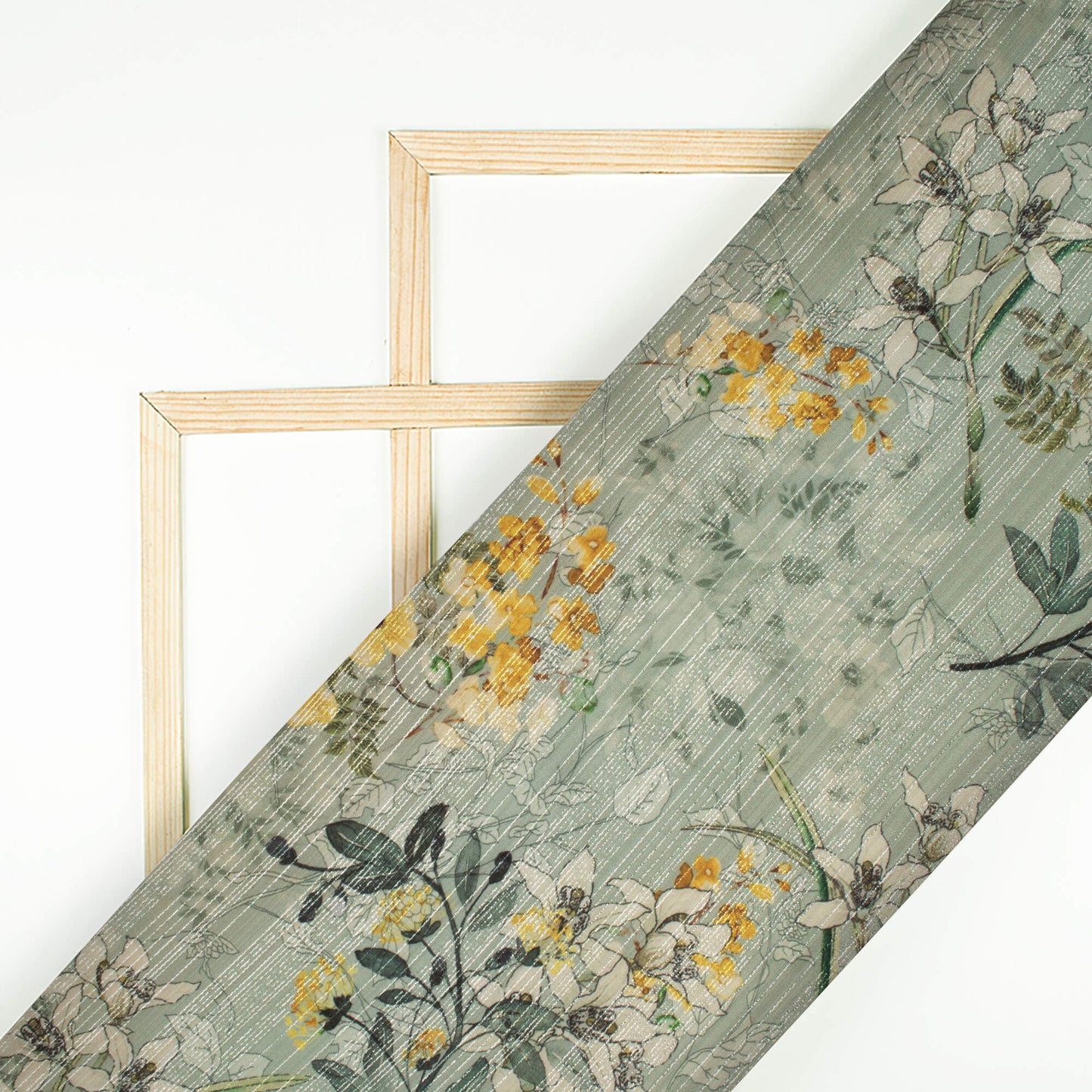 Laurel Green And Laguna Yellow Floral Pattern Digital Print Silver Lurex Jacquard Fabric (Width 54 Inches)