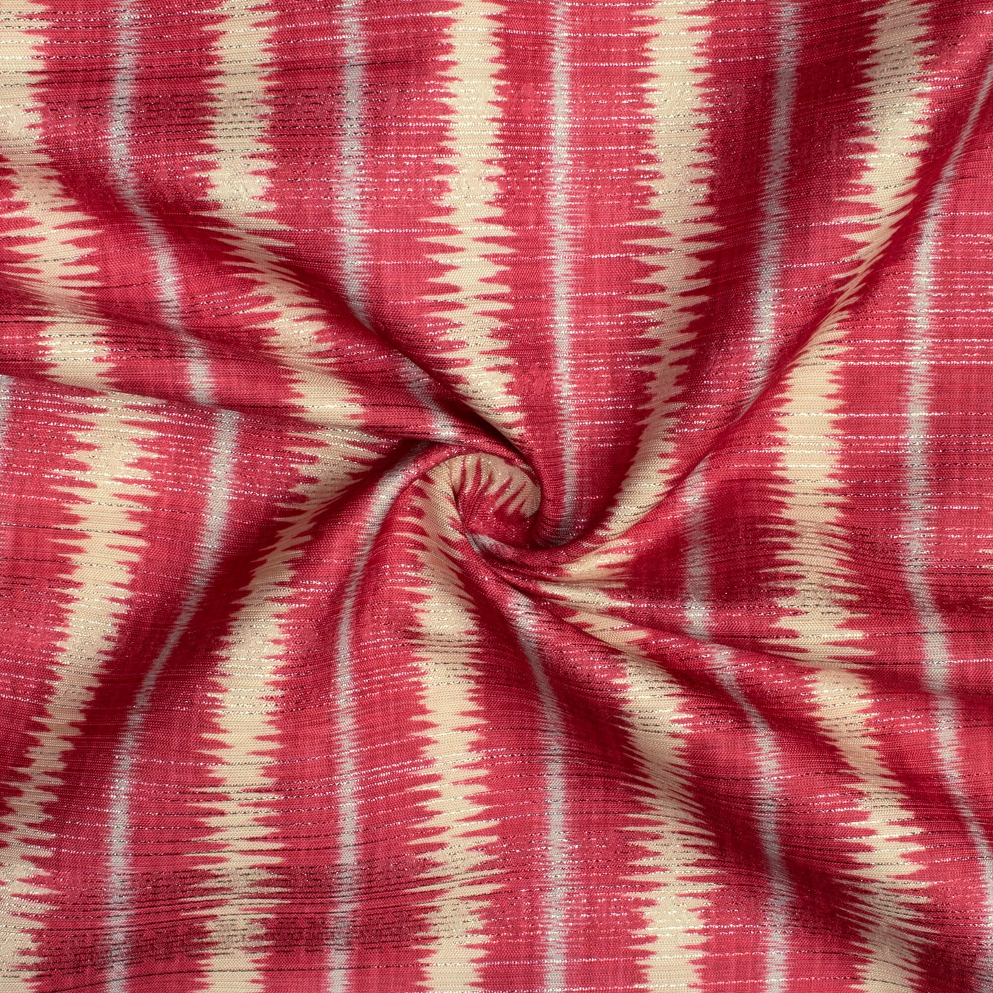 Cerise Pink And Cream Stripes Pattern Digital Print Silver Lurex Jacquard Fabric (Width 54 Inches)