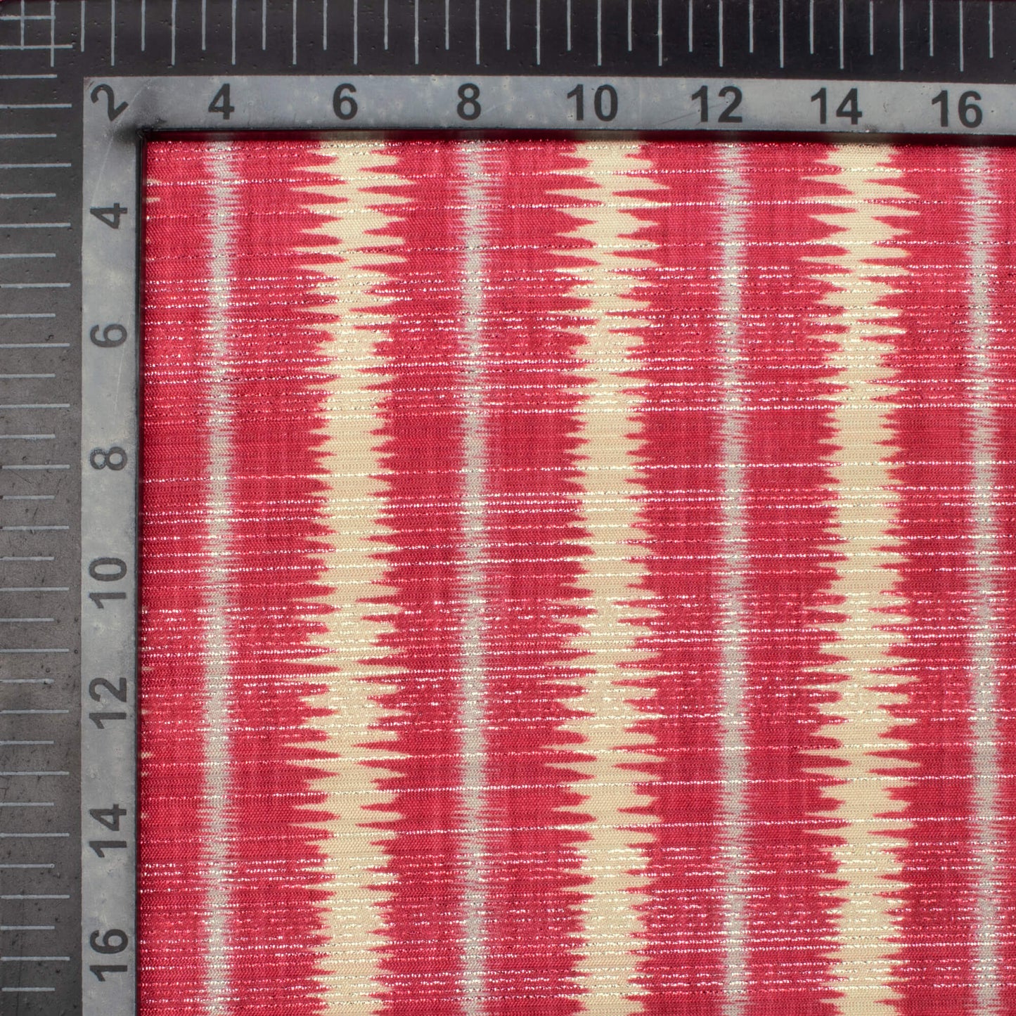 Cerise Pink And Cream Stripes Pattern Digital Print Silver Lurex Jacquard Fabric (Width 54 Inches)