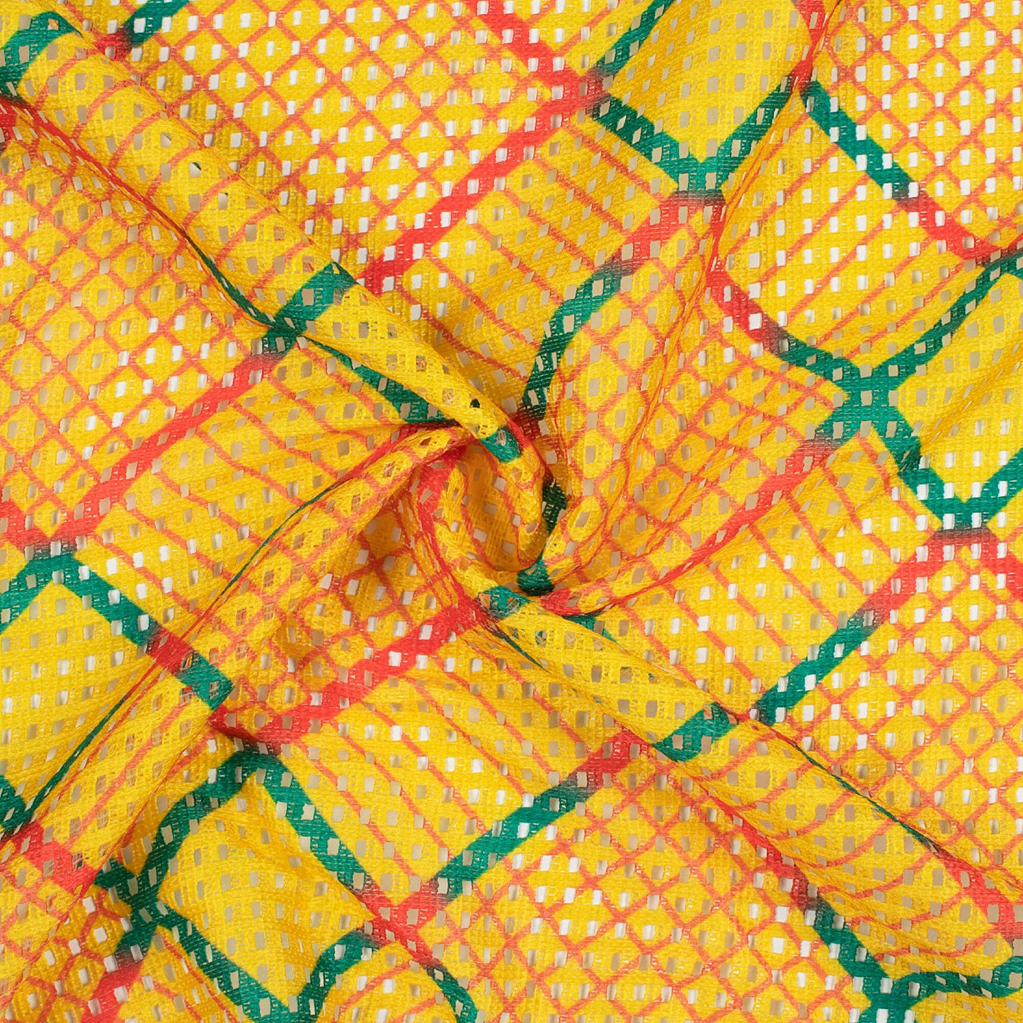 Tuscany Yellow And Green Bandhani Pattern Digital Print Checks Raschel Net Fabric (Width 58 Inches)