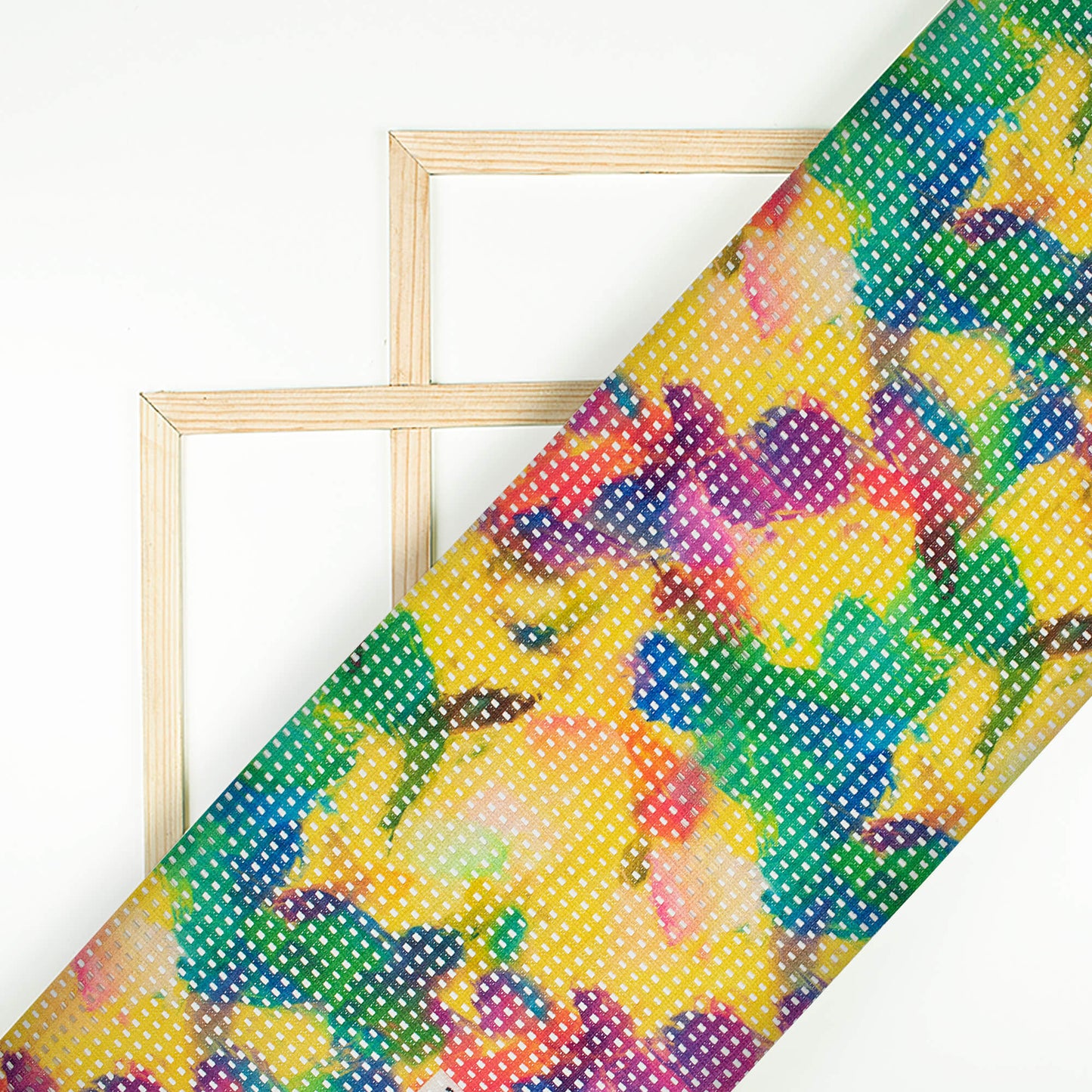 Tuscany Yellow And Green Abstract Pattern Digital Print Checks Raschel Net Fabric (Width 58 Inches)