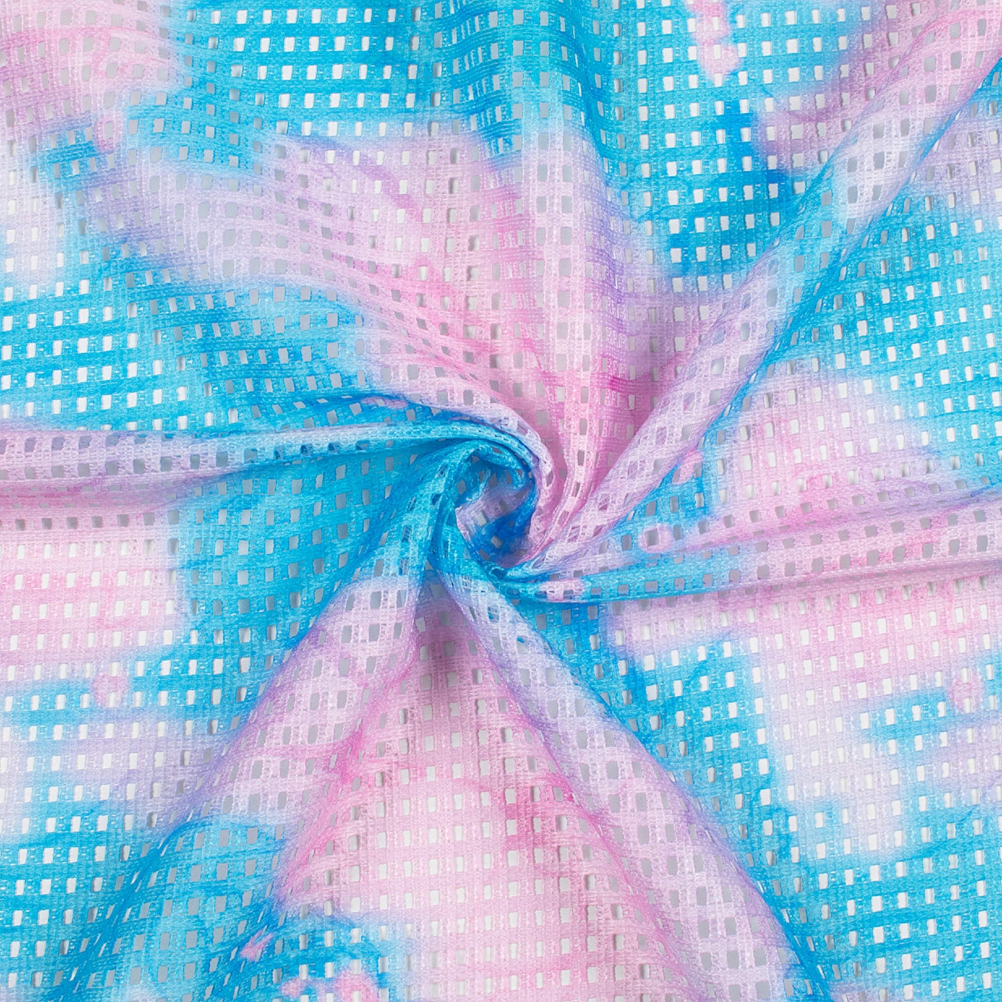 Carnation Pink And Blue Tie & Dye Pattern Digital Print Checks Raschel Net Fabric (Width 58 Inches)