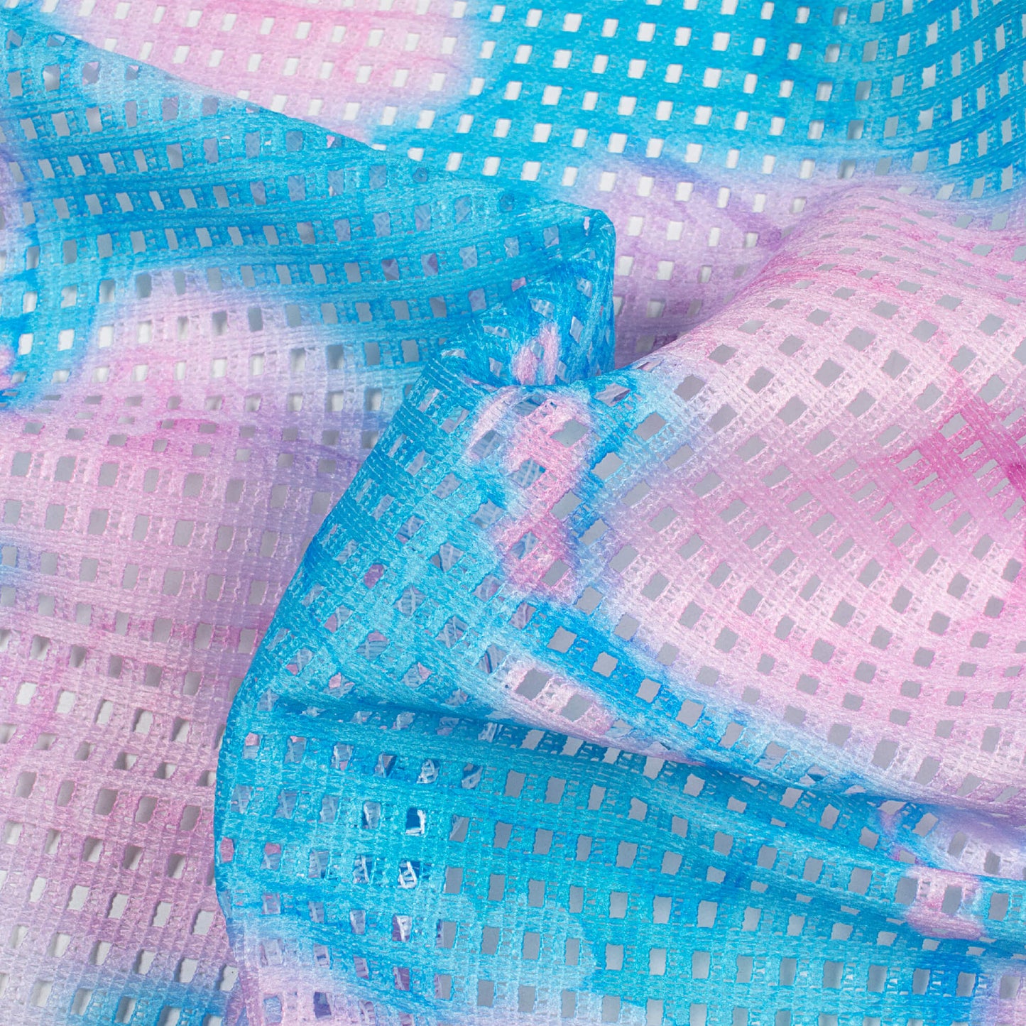 Carnation Pink And Blue Tie & Dye Pattern Digital Print Checks Raschel Net Fabric (Width 58 Inches)